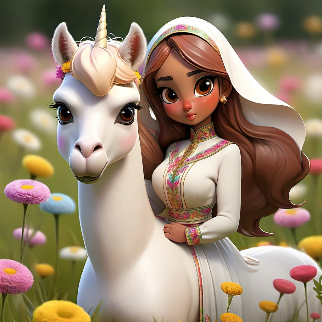 (A magical unicorn Alpaca grazes in a field full of flowers), (a brave young (20) Malaysian woman (huge natural breasts, big full butt, hourglass figure, average face, hijab no hair showing, extremely sheer translucent billowing outfit)