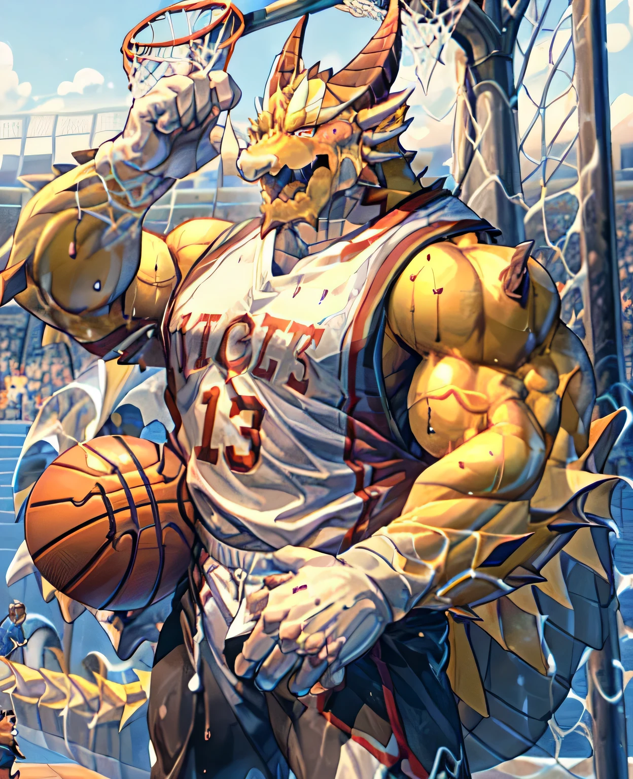 (dragon), Two-color, dragon&#39;s eyes, (muscular body:1.3), Perfect eyes, Handsome, OK,(white basketball jersey), (on the playground),(Express), sports field background,(close up),(happy eyes:1.2),look at screen,(dragon horn),(dragon tail),different students,Perfect masterpiece,(16K),White belly,Solitary,((Strong)),(sports field background),(Sweat),Perfect proportion,front,blush,(wave hello，Watching you:1.5),(Basketball in hand:1.3),(Open your mouth slightly and breathe.:1.2),(close range:1.2),(clothes soaked with Sweat:1,3),Strong,muscle,more details,CG,HD，detailed，Clear，high resolution