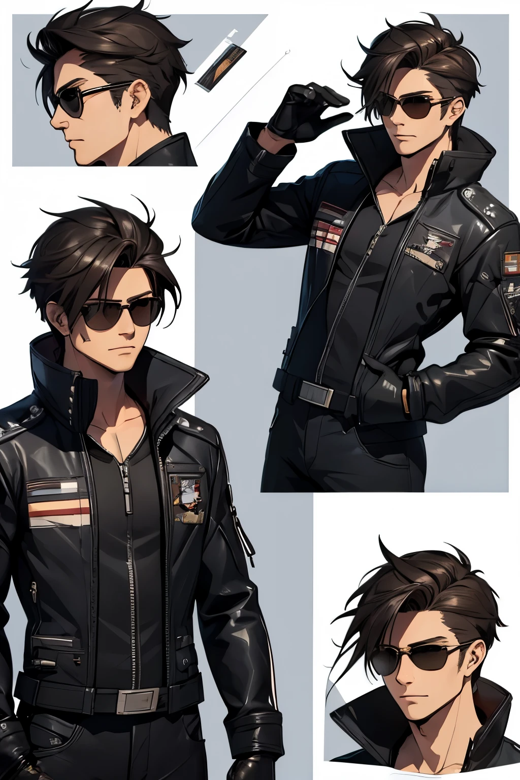 Jet fighter pilot, male, aviator sunglasses, character sheet, model sheet, (front, side, back)