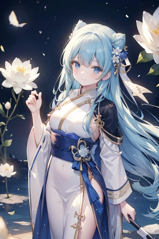 ((4k,masterpiece, best quality)), shuimobysim, lotus, hanfu, maxiskit, 1girl dressed conservatively, solo, long blue hair, smiling,