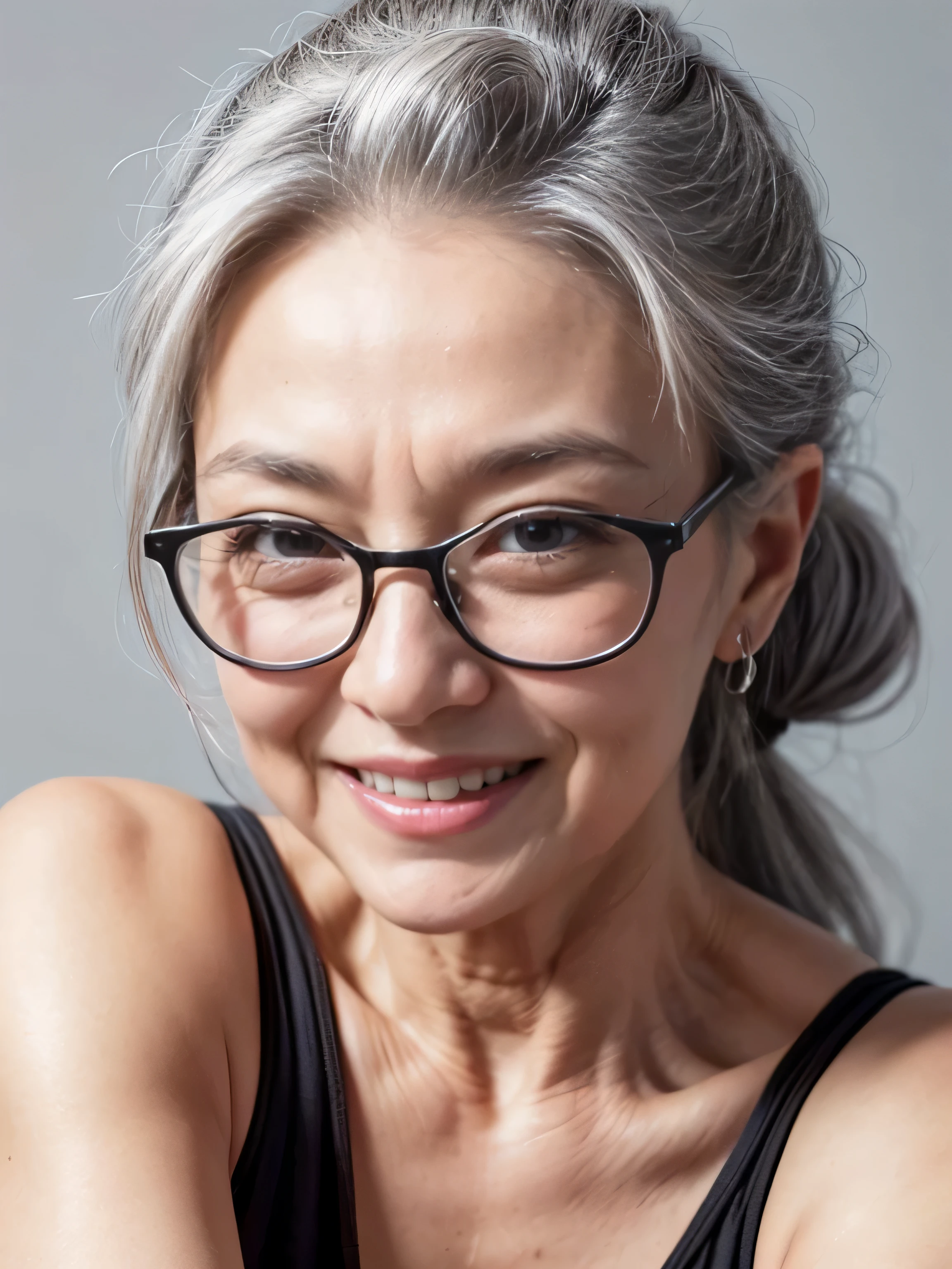 (65 years old:1.3),gray hair,(there are many wrinkles on her face:1.23),old woman,smile,sexy posing,beautiful hip, ponytail hair, Wearing glasses,nude