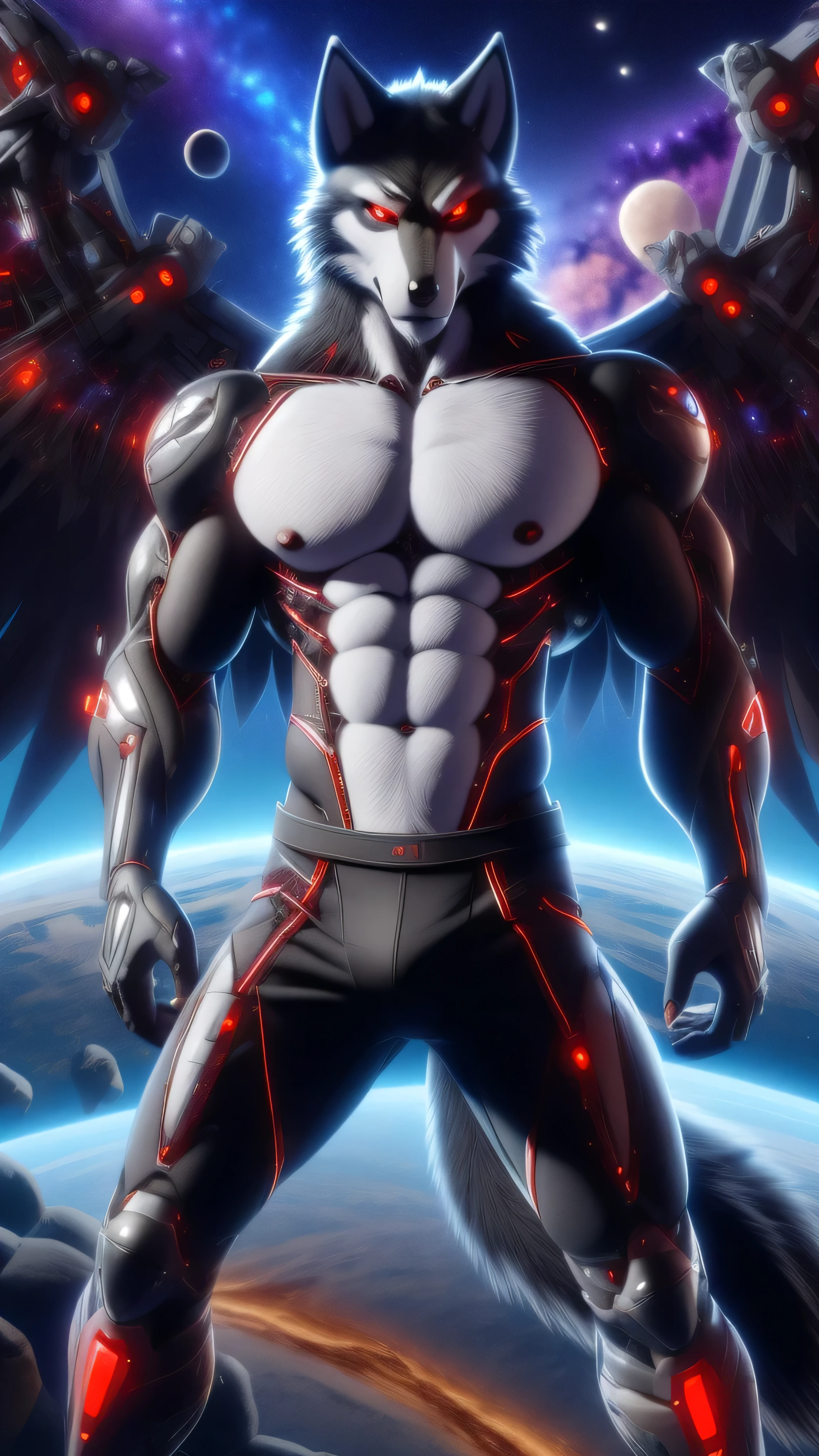 A super werewolf cyborg male muscular Red eyes 