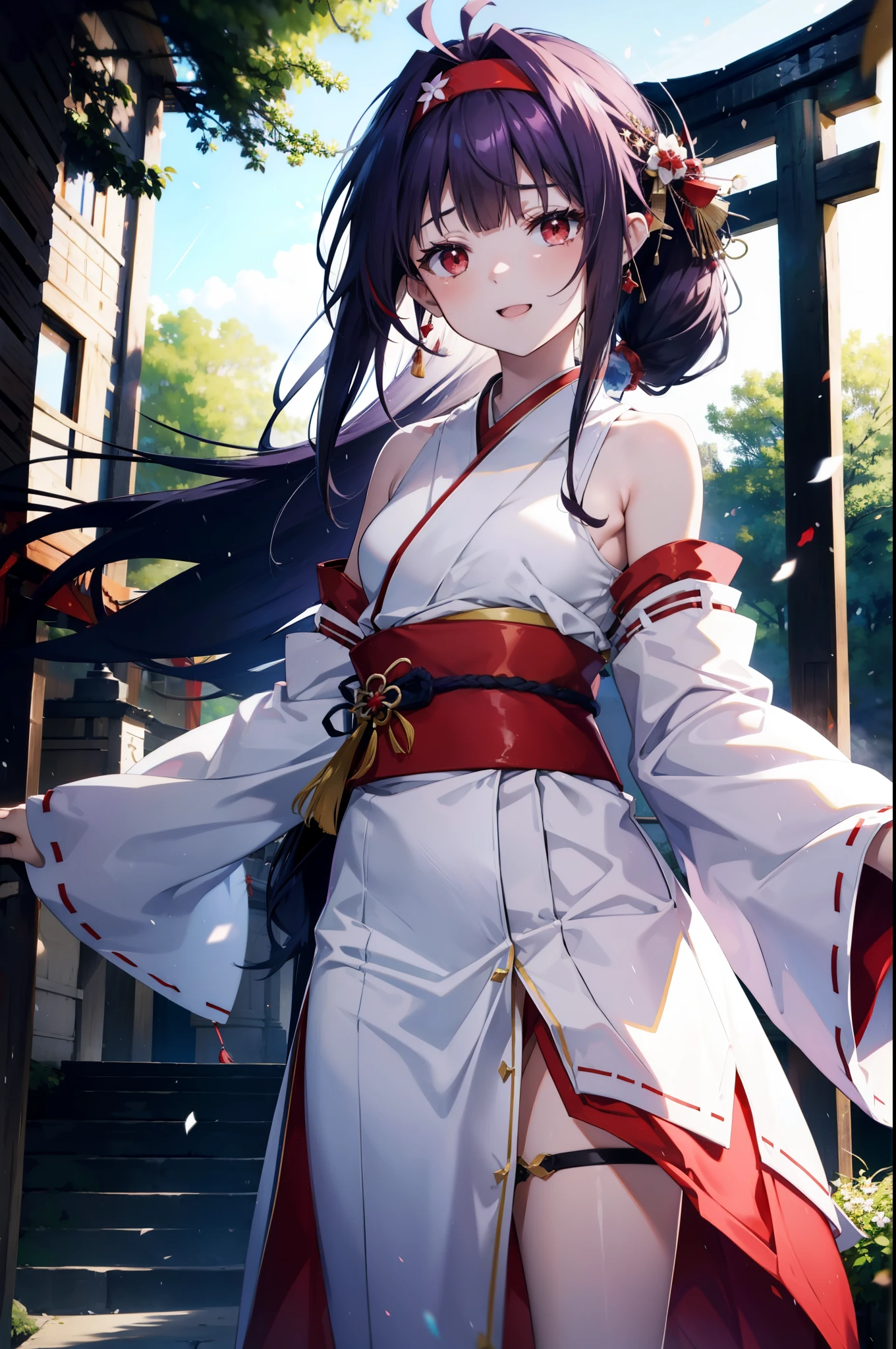 yuukikonno, Konno Yuuki, hair band, Long Hair, Pointed Ears, Purple Hair, (Red eyes:1.5), (Small breasts:1.2), Open your mouth,
happy smile, smile, Open your mouth,Platycodon grandiflorum,Miko, White Kimono,Red Hakama Kimono, As with the skirt, Wide sleeves, Long sleeve, Thick sleeves,Ribbon-trimmed sleeves, Daytime,Clear skies, とてもLong Hair, Blunt bangs, Low ponytail, break outdoors, shrine,torii, break looking at viewer, (Cowboy Shot:1.5), break (masterpiece:1.2), highest quality, High resolution, unity 8k wallpaper, (figure:0.8), (Beautiful fine details:1.6), Highly detailed face, Perfect lighting, Highly detailed CG, (Perfect hands, Perfect Anatomy),