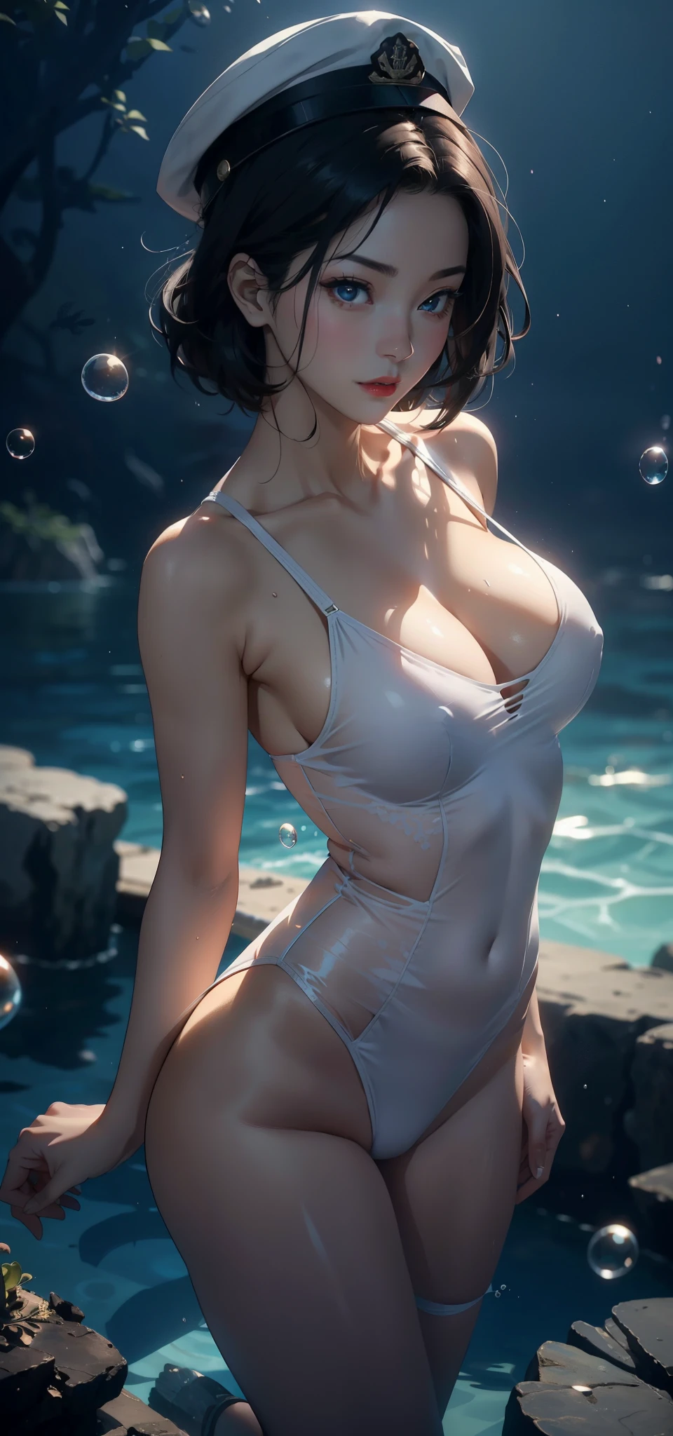 1 female，45 years old，Married women breasts，short hair，Big breasts and thin waist， 照片曝Light， （background：seabed，Underwater，bubble，coral，waterweed，shipwreck） Black Hair，Red lips，躺在Underwater，Front view， Straight Hair， Full Moon，（（（masterpiece），（Highly detailed CG Unity 8k wallpaper），best quality，Light，详细background，beautiful eyes，（very delicate and beautiful），（Beautiful and detailed eye descriptions），Ultra Detailed，masterpiece，）），face camera，high resolution，Ultra Detailed），nude，The exposed chest is a bit fat， Camel toe，diver，Soldier（wear：Military cap，White cheongsam，）