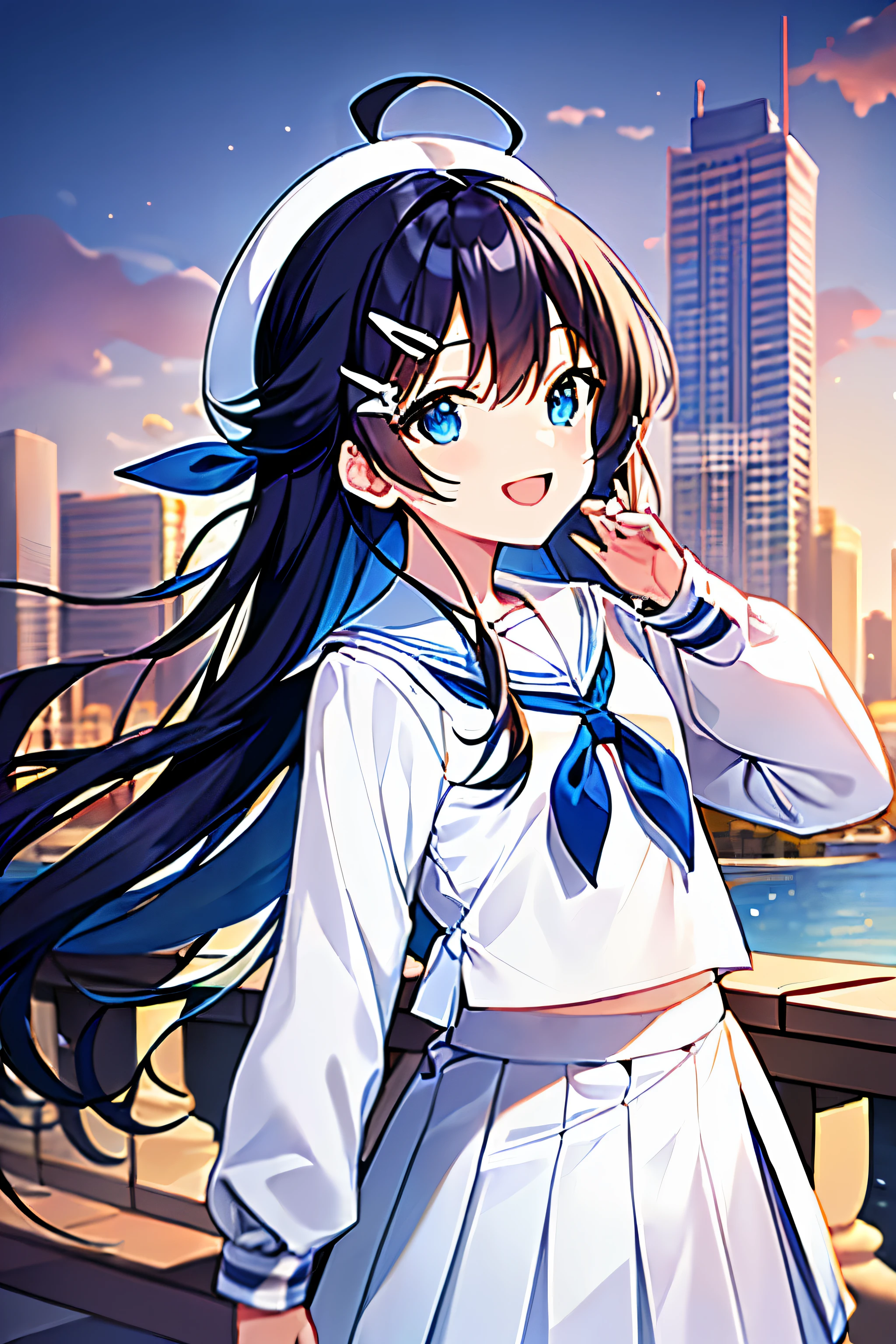 (((masterpiece))) (((highest quality))), (((beautiful))), (((8k))), (((High resolution))), (1 girl:1.3), (child:1.5), (Lori:1.2), (Dark blue straight long hair:1.3), (very long, Dark blue sideburns), (Very wide parted dark blue bangs:1.3), (Simple hair clip:1.4), (Ahoge:1.4), (small blue eyes:1.2), (Slightly droopy eyes:1.3), (Super thick sideburns and super long sideburns:1.1), (Ultra-flat chest:1.4), (Very small breasts:1.4), (laughing:1.3), (White sailor suit with long sleeves:1.3), (White pleated skirt:1.3), White hat with blue ribbon, (Rooftop:1.4), (Distant cityscape:1.4), (Buildings in the distance:1.2), (Cowboy Shot:1.4), (low angle shot:1.4)
