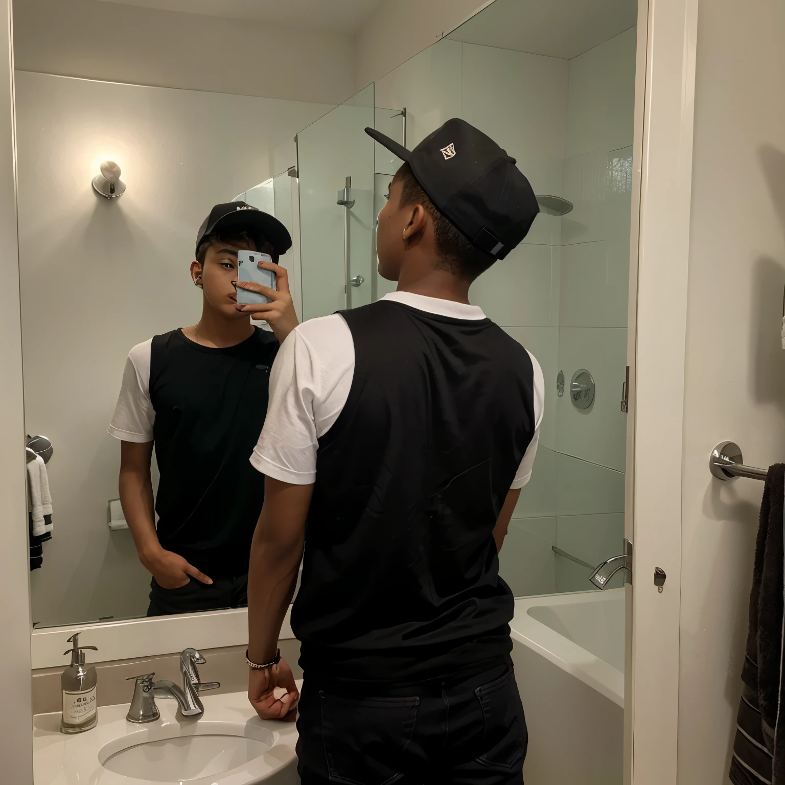 There's a 16-year-old boy taking a selfie with his back turned in the bathroom mirror., con gorra negra y que no se ve su rostro y esta solo