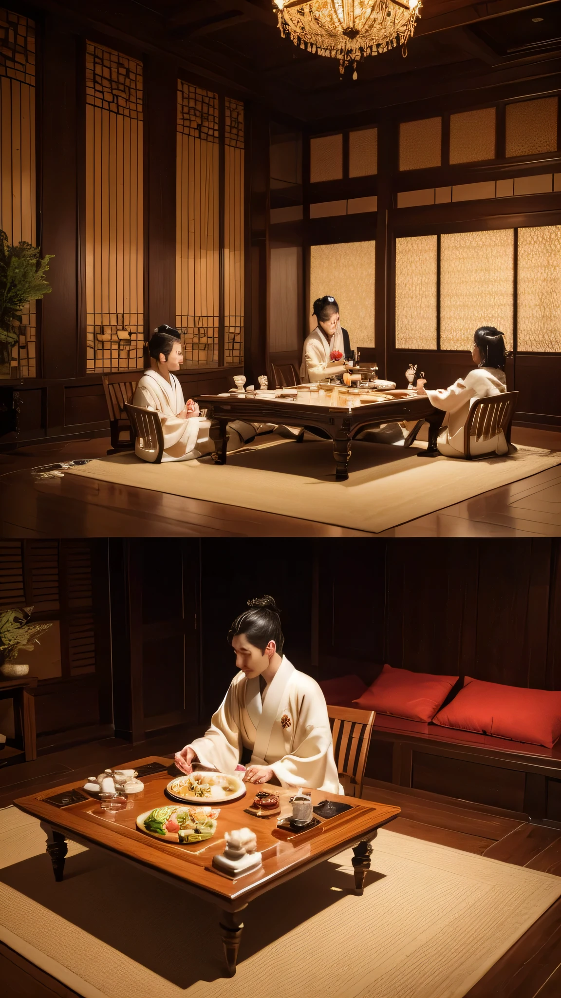 A lavish tea ceremony in the Golden Tea Room, with Hideyoshi presiding over a gathering of nobles, displaying his wealth and cultural patronage.