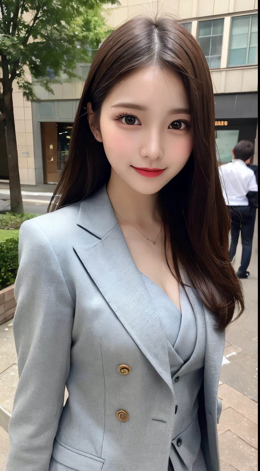 Tabletop, highest quality, shape, Very detailed, finely, High resolution, 8k wallpaper, 完璧なダイナミックな構shape, Beautiful and detailed, Nice spring clothes,Beautiful straight hair,Small breasts,Natural color lip, 20-year-old girl、cute、sexy shot looking at camera,Always blur the background,Perfect and beautiful face、Slim face and figure,Big eyes、Putting on gal makeup,Actual Photos(Best image quality)、Sexy Face、Fashion magazine model pose、A shy smile、suit、office Street