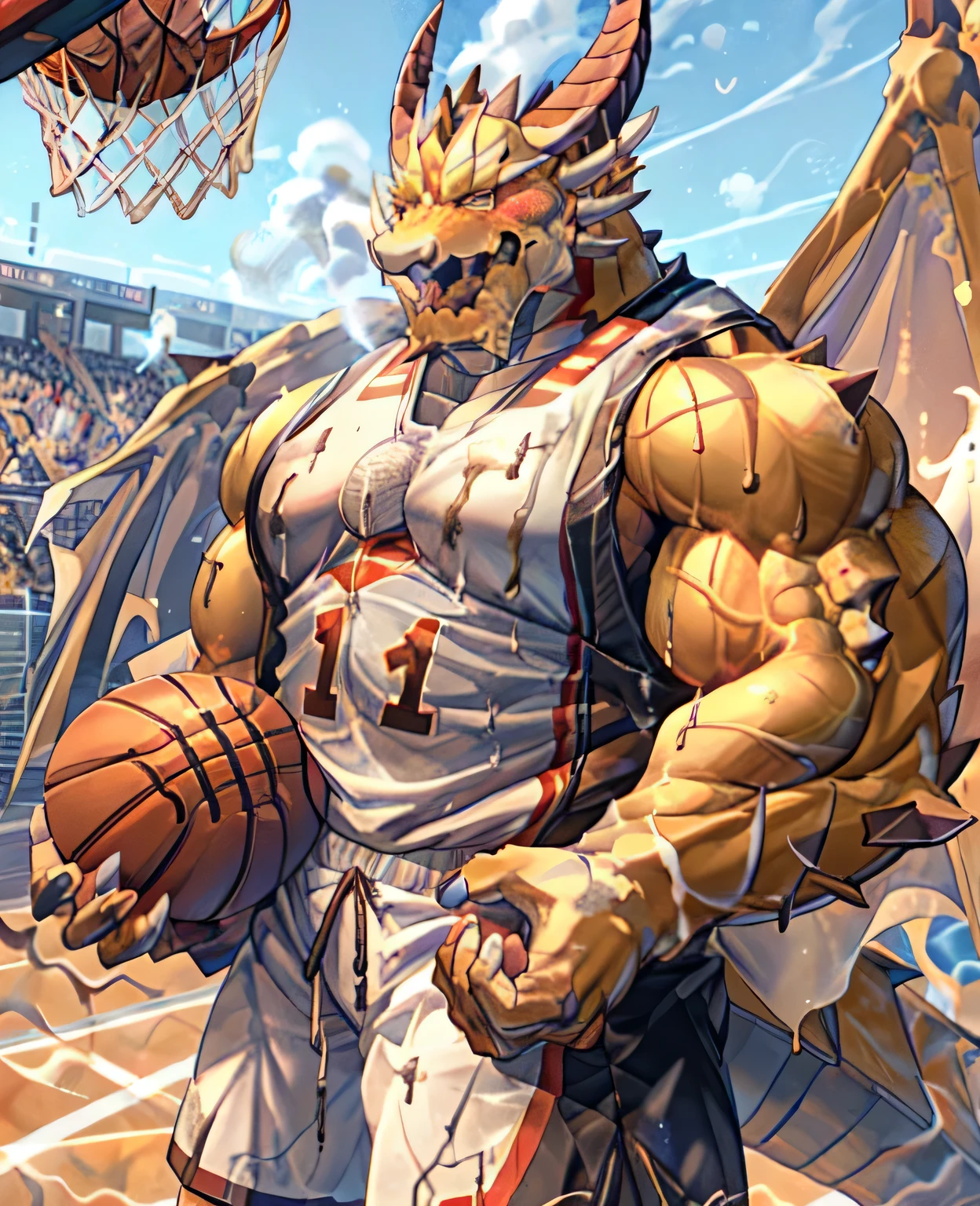 (dragon), Two-color, dragon's eyes, (muscular body:1.3), Perfect eyes, Handsome, OK,(white basketball jersey), (on the playground),(Express), sports field background,(close up),(happy eyes:1.2),look at screen,(dragon horn),(dragon tail),different students,Perfect masterpiece,(16K),White belly,Solitary,((Strong)),(sports field background),(Sweat),Perfect proportion,front,blush,(wave hello,Watching you:1.5),(Basketball in hand:1.3),(Open your mouth slightly and breathe.:1.2),(close range:1.2),(clothes soaked with Sweat:1,3),Strong,muscle,more details,CG,HD,detailed,Clear,high resolution