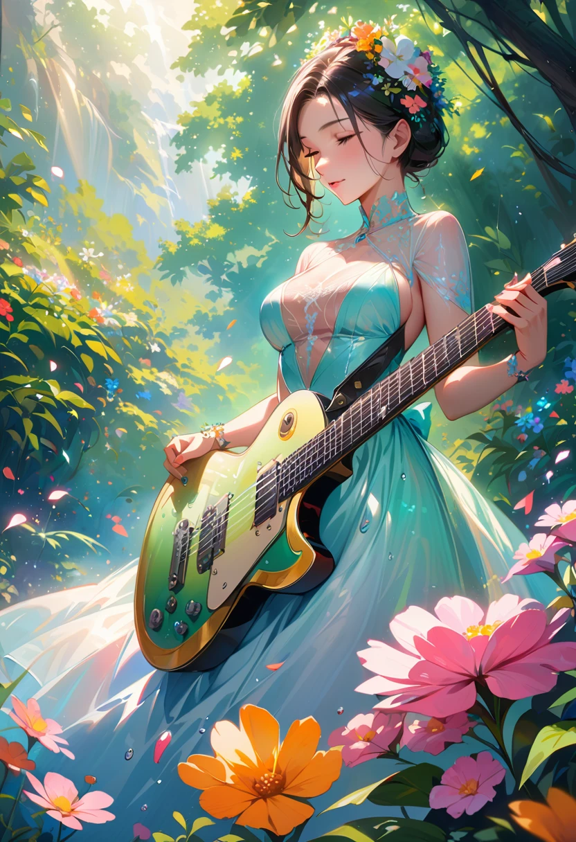 (best quality,4k,8k,highres,masterpiece:1.2),ultra-detailed,realistic,crystal-clear guitar carving,translucent morning of spring,sunlight reflection on guitar,body details,delicate strings,vibrant color palette,sculpting tools,hourglass figure,sound holes,elegant curves,polished surface,delicate engravings,effects of light and shadow,subtle reflections,shimmering surface,sparkling gemstones,flower petals falling,floral patterns,emerald accents throughout,transparent springtime essence,ethereal atmosphere,peaceful garden background,serene ambiance,morning dew,soft sunlight filtering through trees,lush greenery,vividly colored blossoms,harmonious blend of nature and art,impeccable craftsmanship,transcendent beauty,awe-inspiring artwork