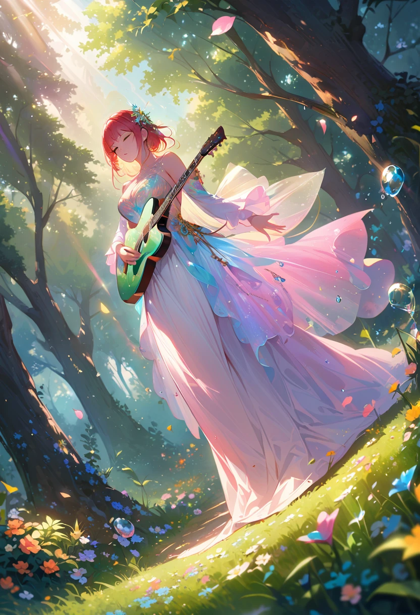 (best quality,4k,8k,highres,masterpiece:1.2),ultra-detailed,realistic,crystal-clear guitar carving,translucent morning of spring,sunlight reflection on guitar,body details,delicate strings,vibrant color palette,sculpting tools,hourglass figure,sound holes,elegant curves,polished surface,delicate engravings,effects of light and shadow,subtle reflections,shimmering surface,sparkling gemstones,flower petals falling,floral patterns,emerald accents throughout,transparent springtime essence,ethereal atmosphere,peaceful garden background,serene ambiance,morning dew,soft sunlight filtering through trees,lush greenery,vividly colored blossoms,harmonious blend of nature and art,impeccable craftsmanship,transcendent beauty,awe-inspiring artwork