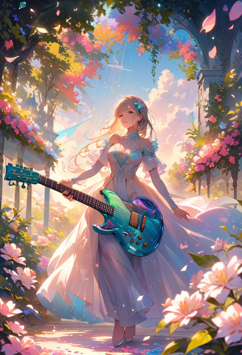 (best quality,4k,8k,highres,masterpiece:1.2),ultra-detailed,realistic,crystal-clear guitar carving,translucent morning of spring,sunlight reflection on guitar,body details,delicate strings,vibrant color palette,sculpting tools,hourglass figure,sound holes,elegant curves,polished surface,delicate engravings,effects of light and shadow,subtle reflections,shimmering surface,sparkling gemstones,flower petals falling,floral patterns,emerald accents throughout,transparent springtime essence,ethereal atmosphere,peaceful garden background,serene ambiance,morning dew,soft sunlight filtering through trees,lush greenery,vividly colored blossoms,harmonious blend of nature and art,impeccable craftsmanship,transcendent beauty,awe-inspiring artwork