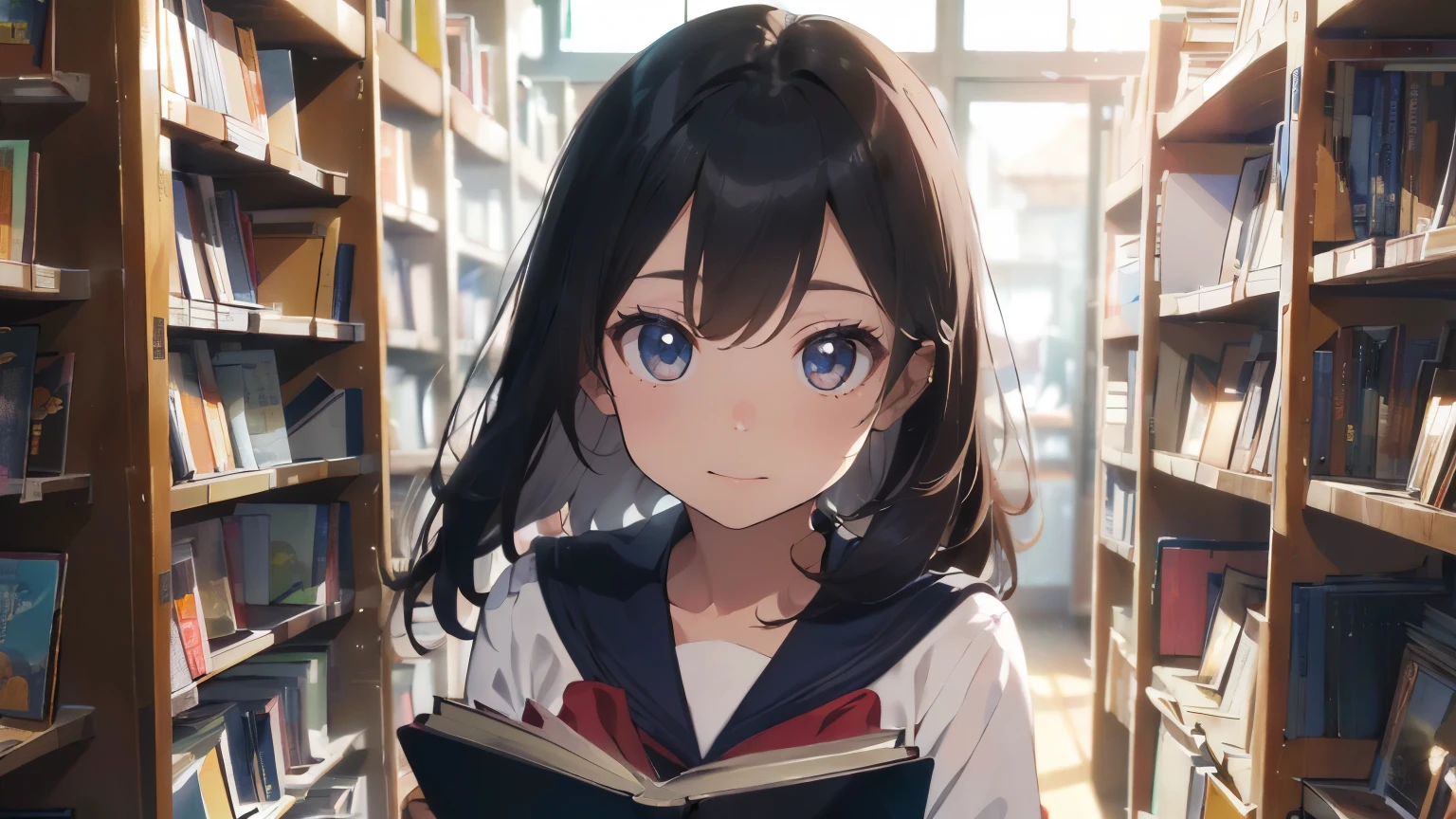 ((highest quality、masterpiece)、(highest quality)、(Best Shadow)、(Best illustrations)、((Xin Haicheng、Cinema Lighting)、One girl、 (Sailor suit、socks、High 、Cute Uniform)、library, Beautiful and delicate eyes, Light on the face, Particularly strong light、((Silky Hair、semi-long)), (flash)、((Choosing a book))、((王立帝国library、Blur Background))、Perfect Face、Cute face