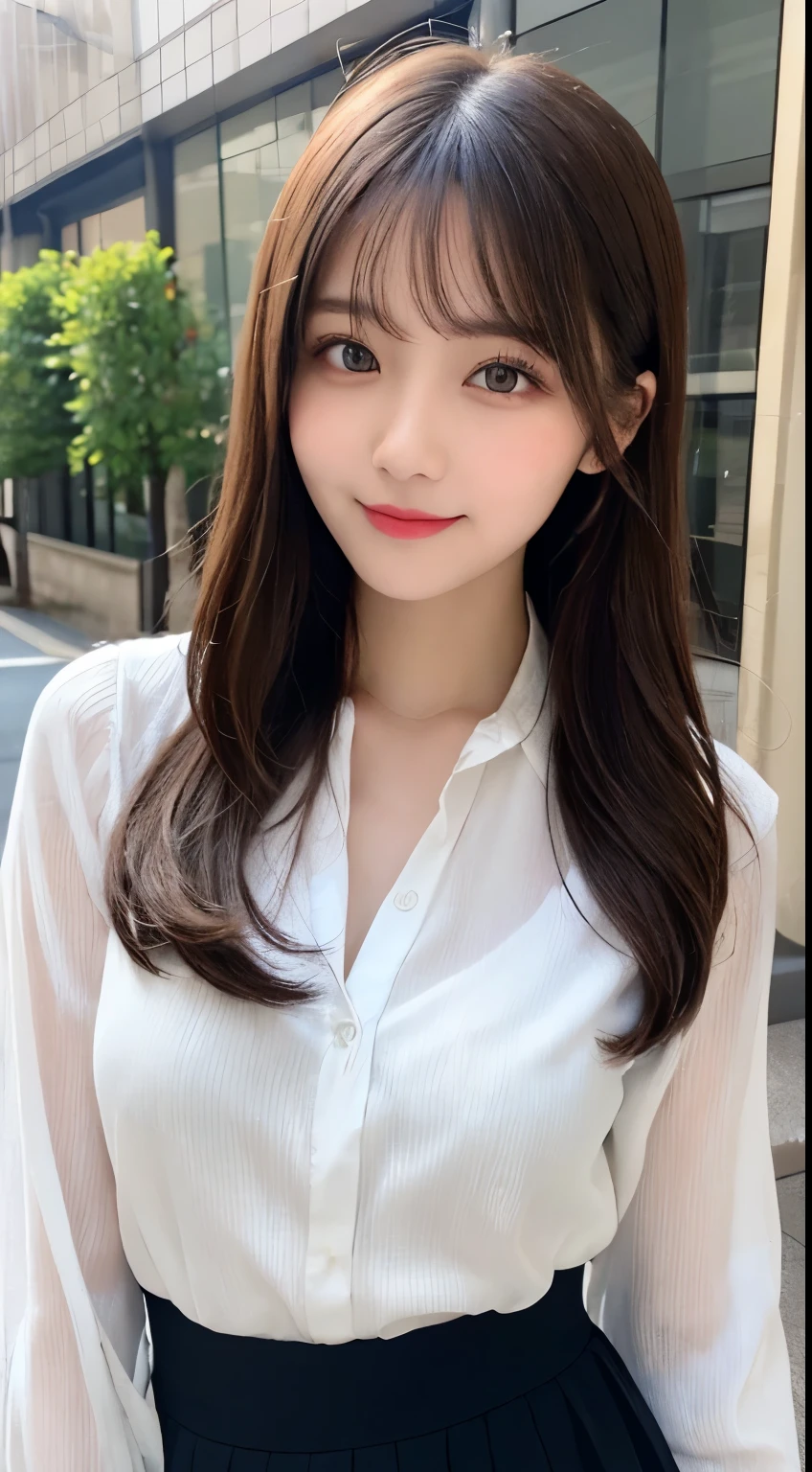 Tabletop, highest quality, shape, Very detailed, finely, High resolution, 8k wallpaper, 完璧なダイナミックな構shape, Beautiful and detailed,ランダムなcute髪,,Natural color lip, bold sexy pose,smile、20-year-old girl、cute、Looking at the camera,Perfect and beautiful face,Slim face and figure,Big eyes、Putting on gal makeup,Small face、はにかんだsmile,Sheer white blouse、flare skirt、blurred background、office Street