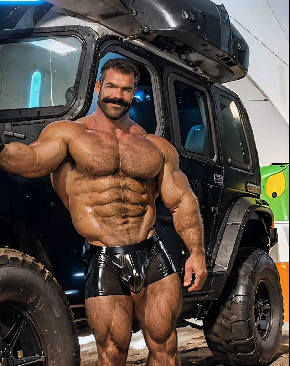 full body portrait, strong burly hairy mature older man(space captain), wearing futuristic captain's uniform insignia (neon and black) (open and revealing) (latex) , gray hair, broad shoulders, round belly, thick feet, bulging micro thong, barefoot, scifi spaceship captain uniform, neon lights, best quality elegant masterpiece, face looks like Tom Selleck (Magnum PI) , military buzzcut, dark mustache, gray stubble, latex, wearing a latex thong, big bulging crotch, futuristic gear equipment, wearing see through plastic chest armor (neon yellow and electric blue), wearing neon yellow see through chest armor, wearing electric blue latex chaps(see-through) , wearing cool neon sneakers,in spaceship cockpit, lying in spaceship sleeping quarters(bed) (view from above), smiling with teeth showing, nicebulge, waiting in bed, glowing armor, legs up(!) and spread(!) , big muscle ass, wet and dripping ass, visible asshole(!) , wet asshole, hairy pecs, thick long legs, silver hair, mustache(!),
