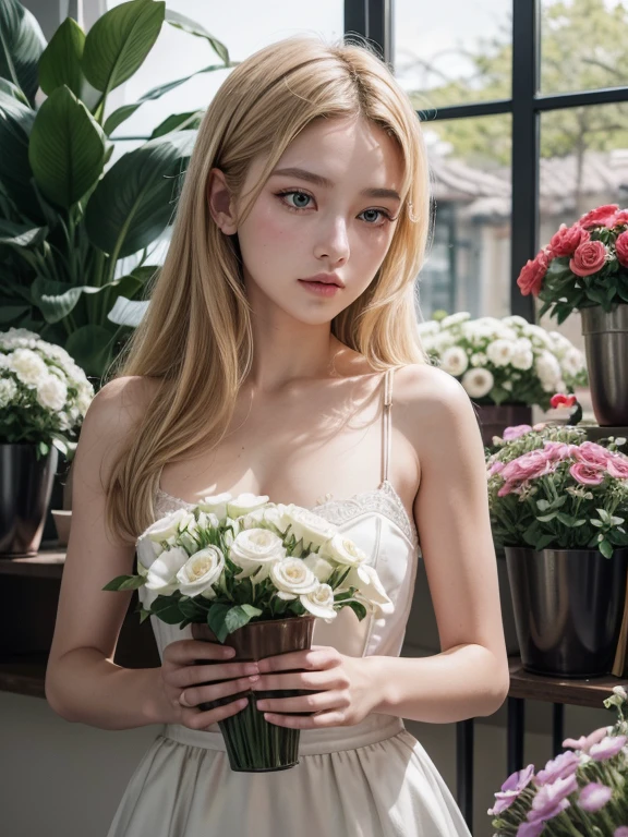 extremely delicate and beautiful, Amazing, finely detail, masterpiece, ultra-detailed, highres,best illustration, best shadow,intricate,sharp focus, high quality, 1female, solo, blond hair. red eyes, kaveh genshin impact, flowershop front, flowers in pots, flowers for sale