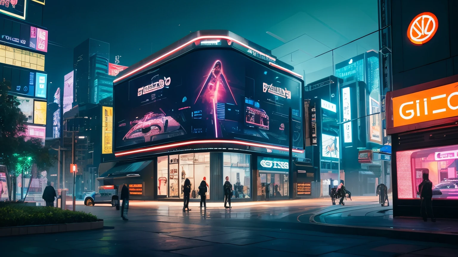 create a futuristic clothing store named "IZOASIS" in the middle of a futuristic city. Show a giant jumbotron monitor in the middle of a futuristic Cyberpunk city