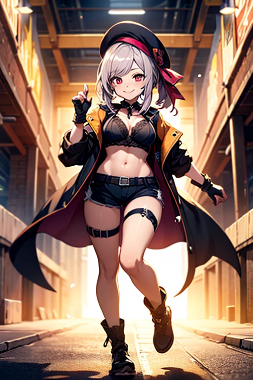 ubel,((ubel of Frieren: Beyond Journey's End )),dark green hair,long hair,side ponytail,hair between eyes,bangs, BREAK (beret, black jacket, open clothes, cleavage, midriff, black shorts, black thighhighs, thigh strap, fingerless gloves, single glove:1.2) , (dynamic angle:1.3, front view:1.1, breast focus:1.3, from below:1.2), (dynamic posing:1.5, sexy posing:1.2, leaning forward), (seductive smiling:1.3),(*K) HD, highest quality, WorKs of masters, High resolution, spread legs, panties shot,1 girl, small nose,(with sparkling eyes and a contagious smile), very beautiful detailed face and eyes, bright colors, cute face, delicate beautiful face, Bright magenta eyes, cute eyes, sparkling eyes, Big eyes, (big breasts:1.3), (perky chest:1.1), (pointed chest:1.0), medium hips, glamorous body, white skin, smile, thin pubric hair, shiny hair, super beautiful face, Super beautiful eyes, Super beautiful hair，trendy outfit，sexy and attractive，explosion of colors，big hairpin，full body esbian，illegal occupation, Real World, Natural light,perfect Natural light,looking at viewer,
