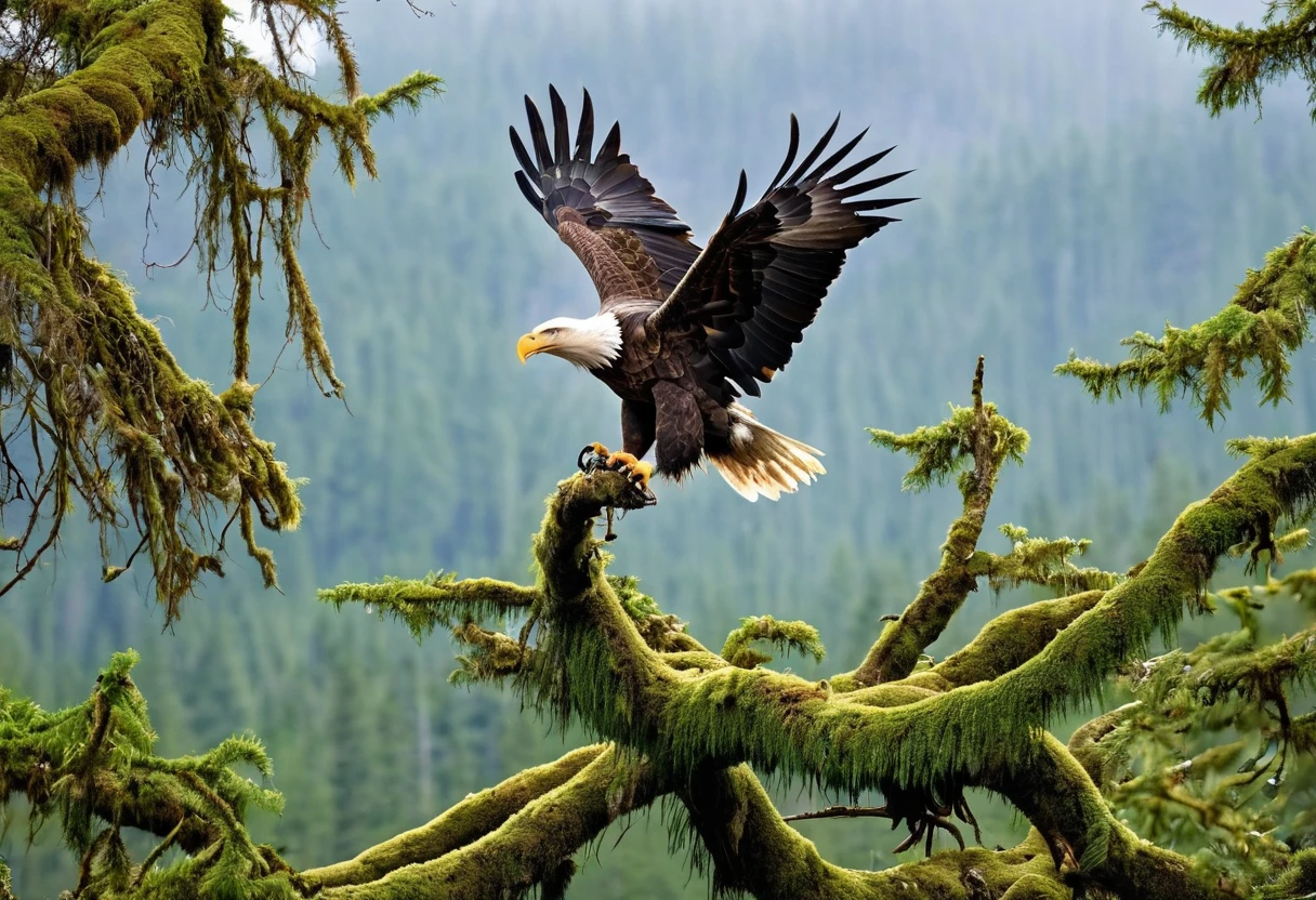 there is a bald eagle perched on a branch with its wings spread, bald eagle, an eagle, an eagle flying, eagle eat snake, with the beak of an eagle, eagle, Proud looking, eagle beak, Proud look, Majestic Pose, eagles, eagle wings, doing a hot Majestic Pose, Perched on a mossy branch, beak of an eagle