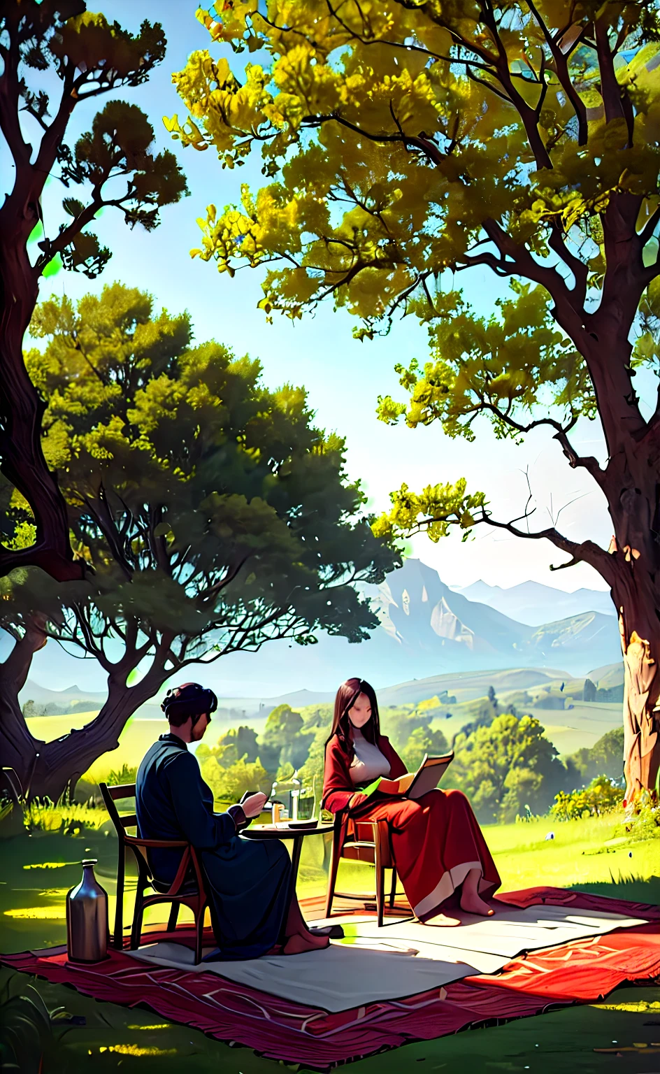 serene landscape with a bough hanging overhead, a loaf of bread, a flask of wine, and an open book resting on a blanket. Two figures would be seated together, one singing while the other listens, surrounded by lush wilderness. The emphasis would be on capturing the peacefulness and intimacy of the moment.