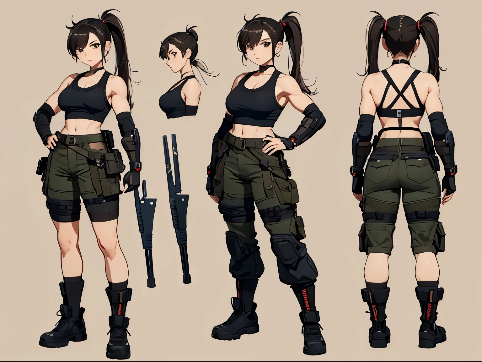 A woman, 20 years old, ponytail, medium hair, aesthetic body, thick thigs, stylish, mechanic, mechanic clothes, muscular legs, desert camo, big , tank top, shorts, futuristic, Chun-li legs, military pants, elbow pad, knee pad, tools, tech equipment, tool belt, various angles, (front, back, side), character sheet, model sheet, reference sheet.