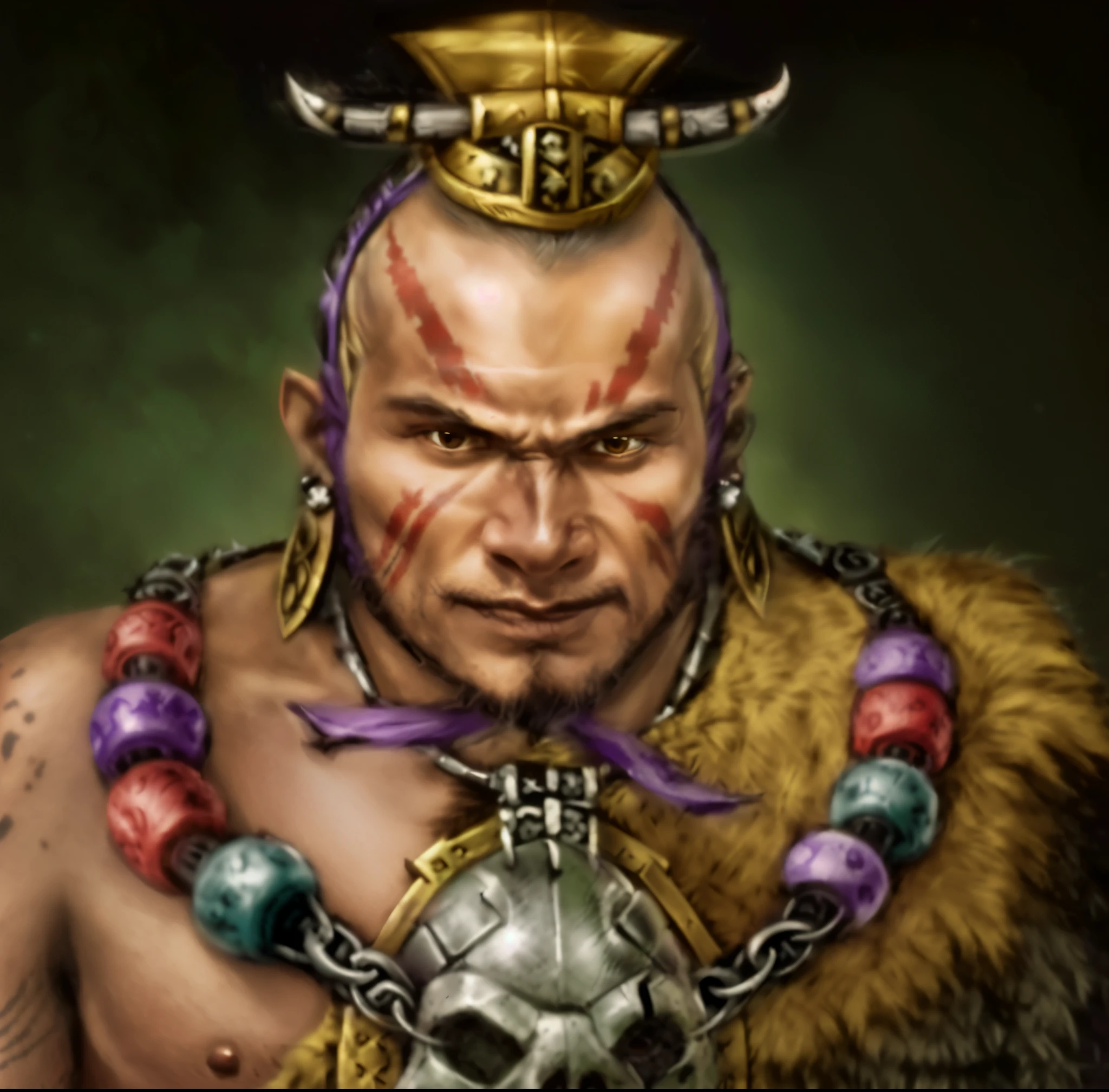 Close-up of man with skull on head, viking shaman, Baldur's Gate character portraits, Aztec Warrior, witch doctor, orc portrait warrior, portrait berserker barbarian, shaman, alligator shaman, an aztec warrior, Portrait of the male god Svarog, Portrait of a warrior, orc portrait, Berserker Portrait