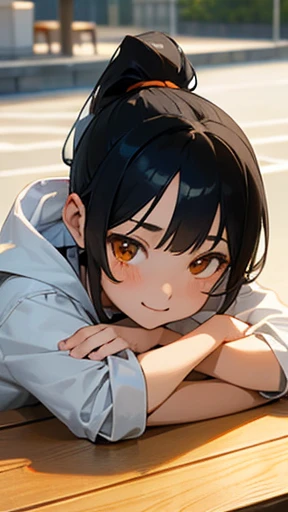 highest quality、Realistic、Japanese、Women、cute、Orange Eyes、Short ponytail、Black Hair、、White hoodie、Denim skirt、Light grey sneakers、Face close-up、Cafe、Terrace seats、sit、rest one's chin on the table、smile、Small breasts、slender