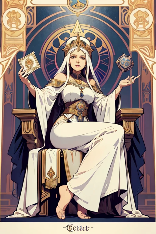 Tarot cards, High Priestess, Goddess Ursula the Bear Goddess, Long white robe, art, Alphonse Mucha, Sit in a full-body chair