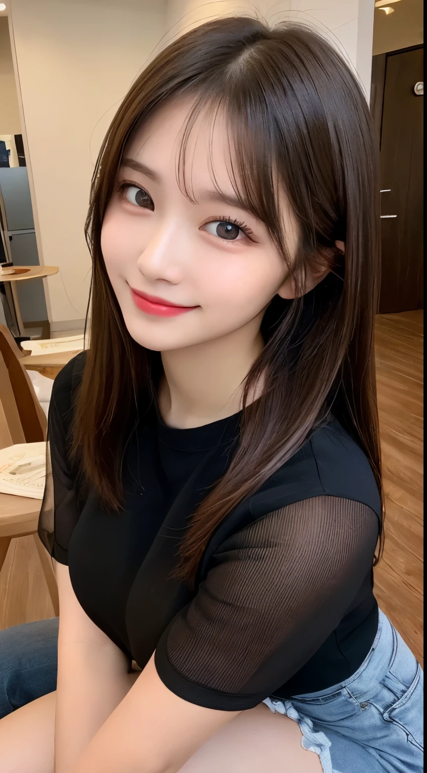 Tabletop, highest quality, shape, Very detailed, finely, High resolution, 8k wallpaper, 完璧なダイナミックな構shape, Beautiful and detailed, Straight hair, Small breasts, Natural color lip, Random sexy poses,smile,20-year-old girl、Beautiful and dense face、Perfect and beautiful face,Big eyes、RAW Photos、Beautiful and detailed、Small face、Beautiful Duplex、Slim face and figure,Beautiful golden ratio face、Sheer blouse、Black shorts、Smile、Please stand