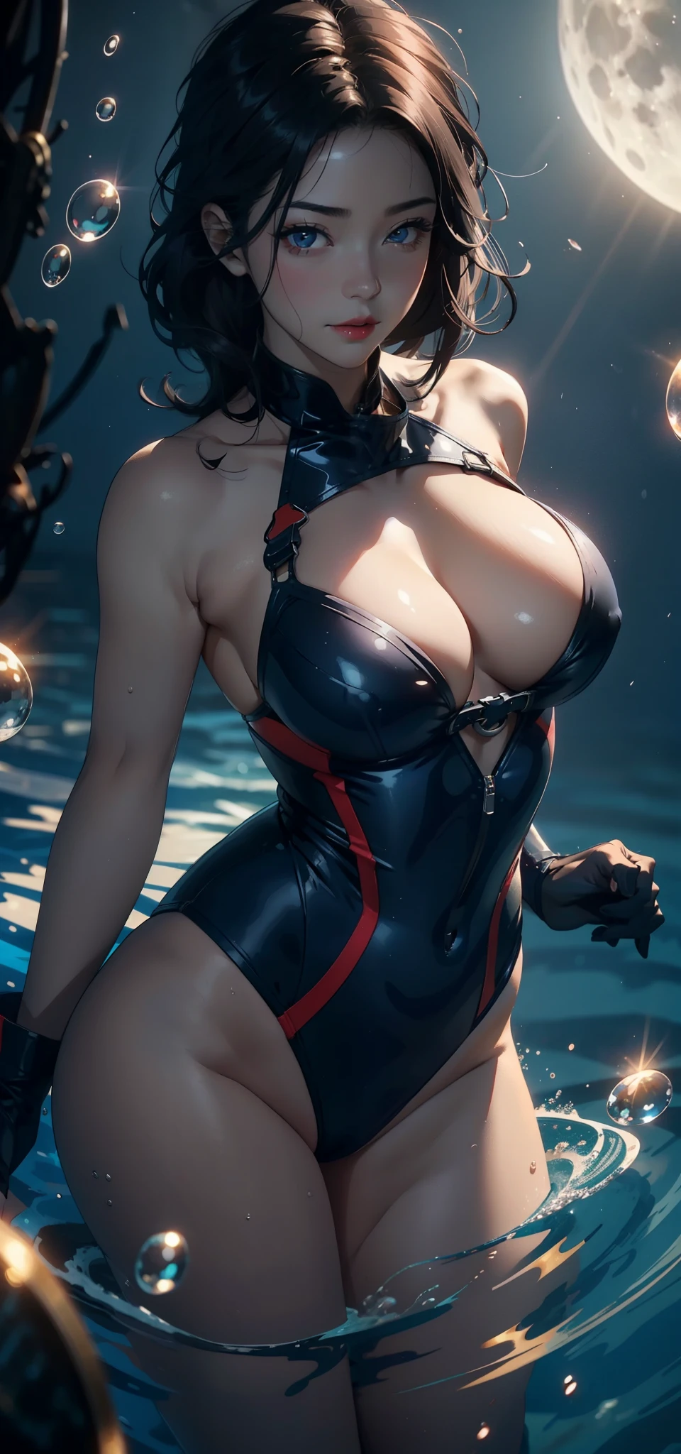 1 female,45 years old,Married women's breasts,short hair,Big breasts and thin waist, 照片曝Light, (background:seabed,Underwater,bubble,coral,waterweed) Black Hair,Long hair flying,Red lips,躺在Underwater,Front view, Straight Hair, Full Moon,(((masterpiece),(Highly detailed CG Unity 8k wallpaper),best quality,Light,详细background,beautiful eyes,(very delicate and beautiful),(Beautiful and detailed eye descriptions),Ultra Detailed,masterpiece,)),Facing the camera,high resolution,Ultra Detailed),nude,The exposed chest is a bit fat, Camel toe,diver,Soldier(wear:Blue diving suit,)