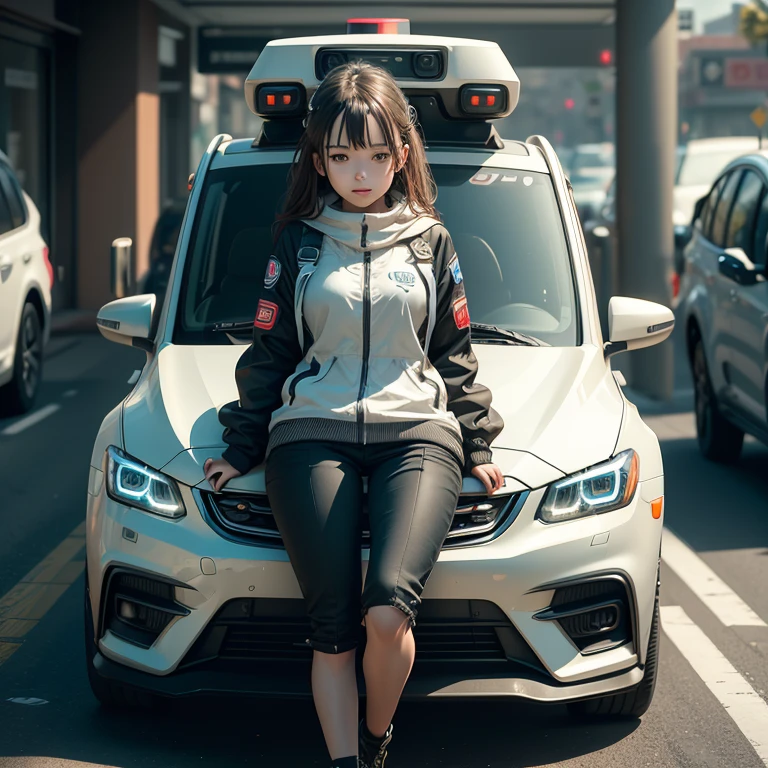 Artificial intelligence self-driving car driver robot, Robot is a cute girl, Riding in a colorful car, The robot is the driver, Photorealistic, Octane Rendering, Unreal Engine, Ultra-realistic, Masterpiece, full body shot