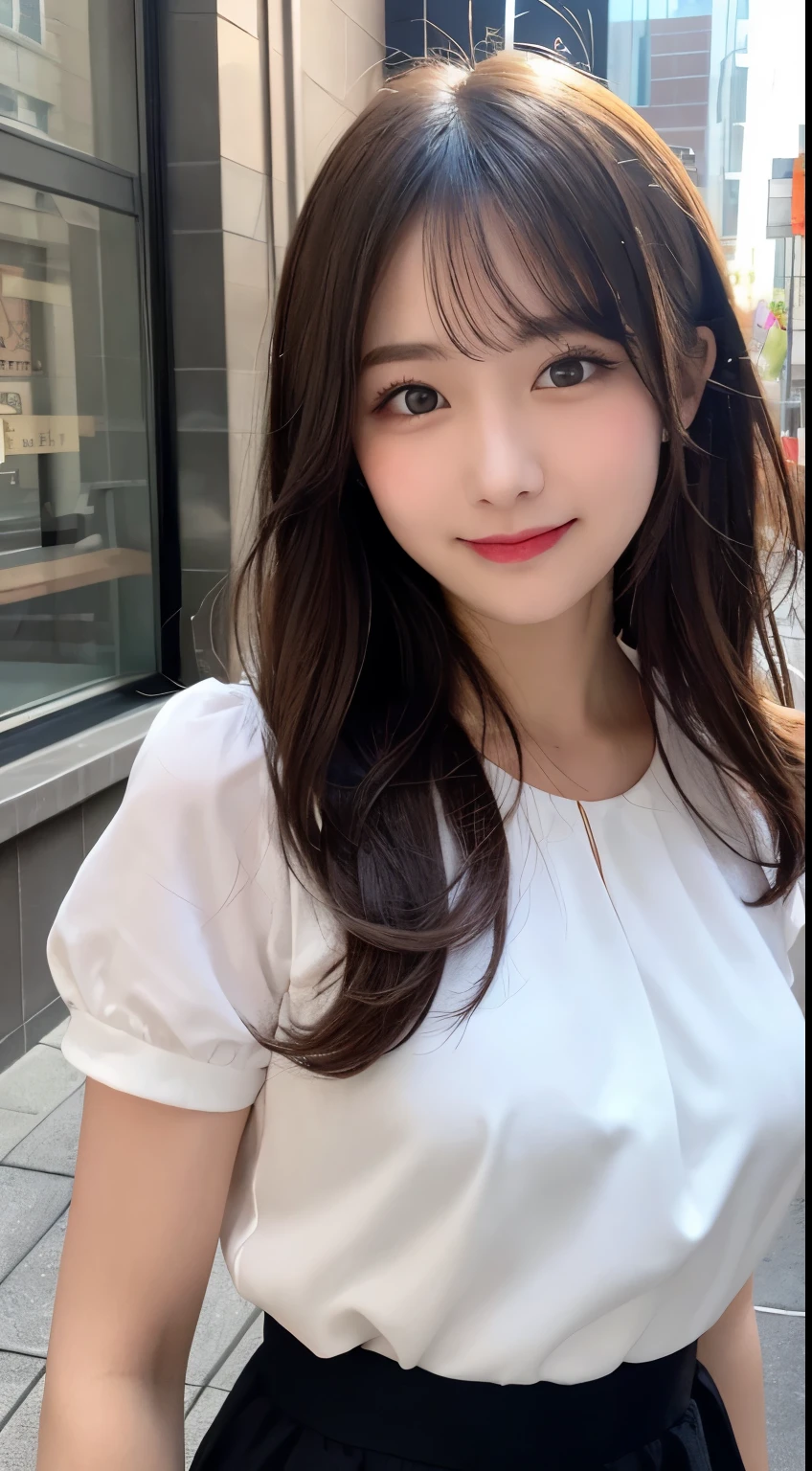 Tabletop, highest quality, shape, Very detailed, finely, High resolution, 8k wallpaper, 完璧なダイナミックな構shape, Beautiful and detailed,ランダムなcute髪,,Natural color lip, bold sexy pose,smile、20-year-old girl、cute、Looking at the camera,Perfect and beautiful face,Slim face and figure,Big eyes、Putting on gal makeup,Small face、はにかんだsmile,Sheer white blouse、flare skirt、blurred background、office Street