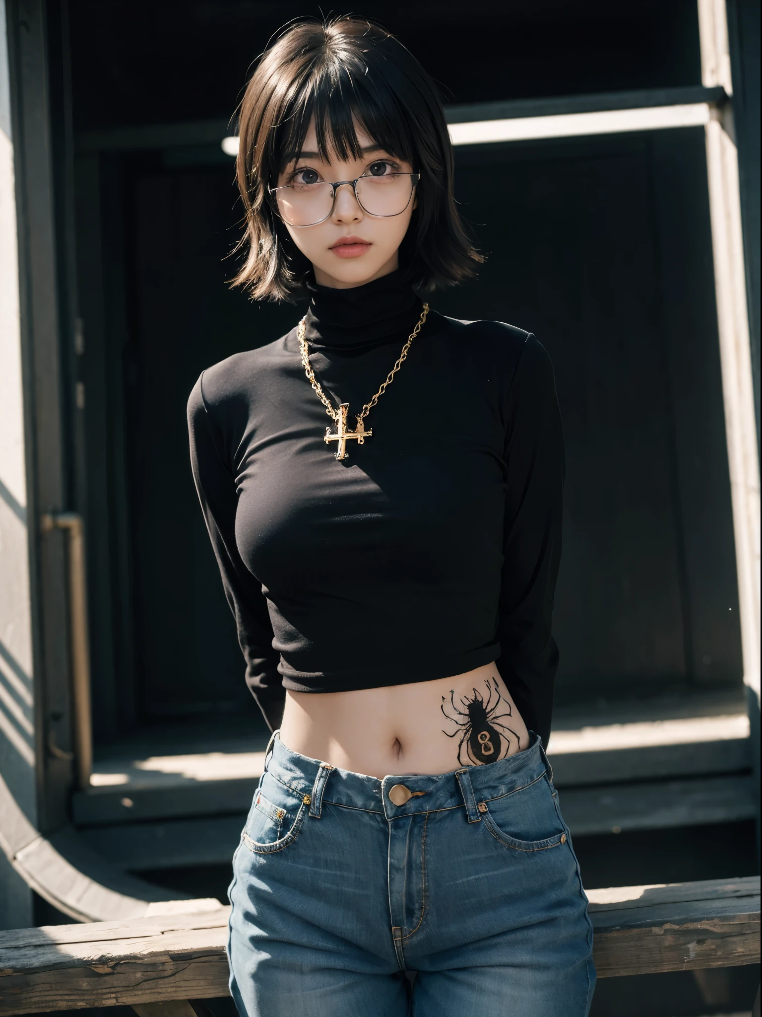 (masterpiece, highest quality:1.2), Cowboy Shot, alone, One girl, shizuku murasaki, Expressionless, View your viewers, Put your arms behind your back, Short layered hair bangs, Brown eyes, large square glasses, Black turtleneck, jeans, exposed abdomen, Cross Necklace, Spider tattoo on the lower back, Neon Light, city, night, alley