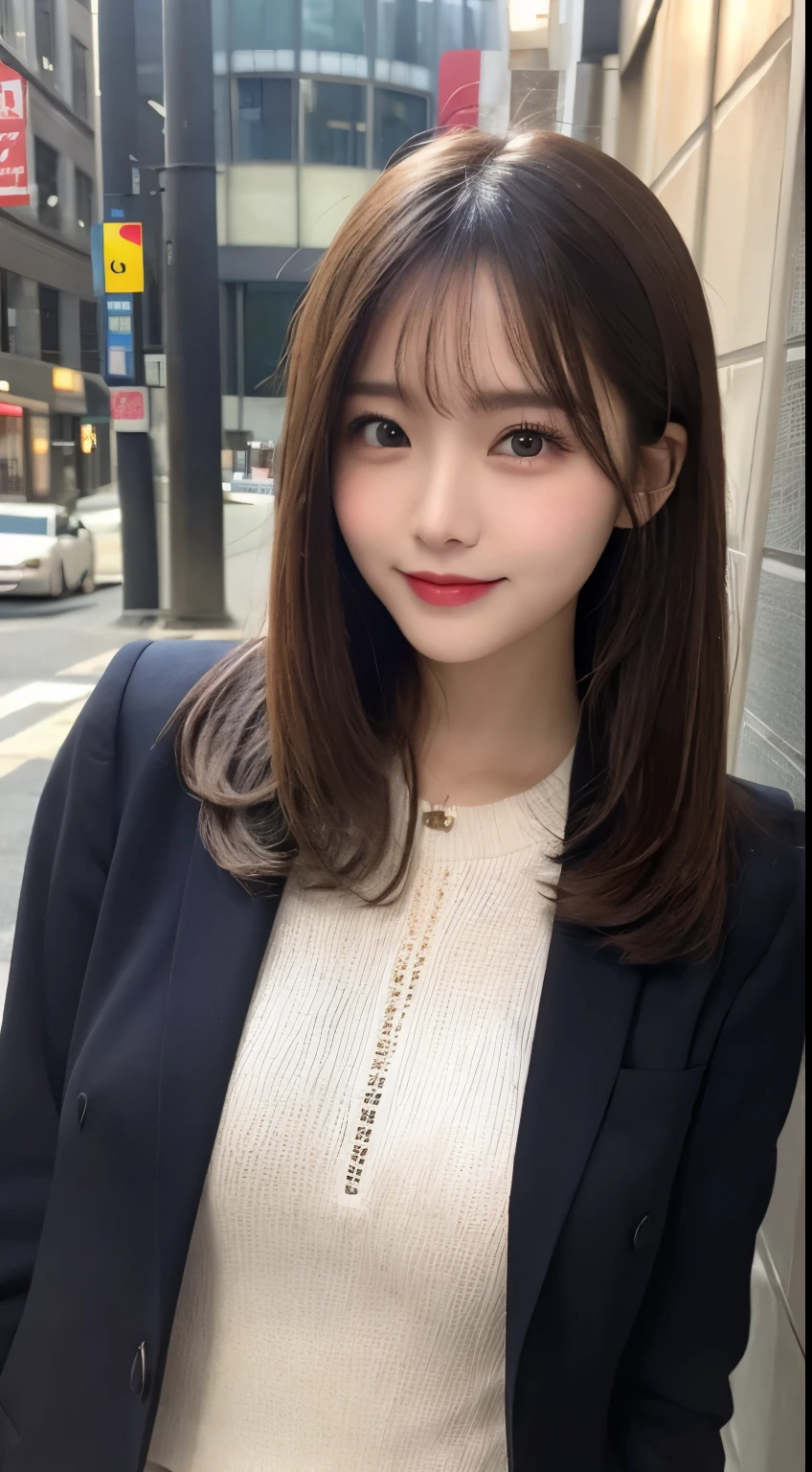 Tabletop, highest quality, shape, Very detailed, finely, High resolution, 8k wallpaper, 完璧なダイナミックな構shape, Beautiful and detailed, Nice spring clothes,Beautiful straight hair,Small breasts,Natural color lip, 20-year-old girl、cute、sexy shot looking at camera,Always blur the background,Perfect and beautiful face、Slim face and figure,Big eyes、Putting on gal makeup,Actual photo(Best image quality)、Sexy Face、Fashion magazine model pose、A shy smile、suit、office Street