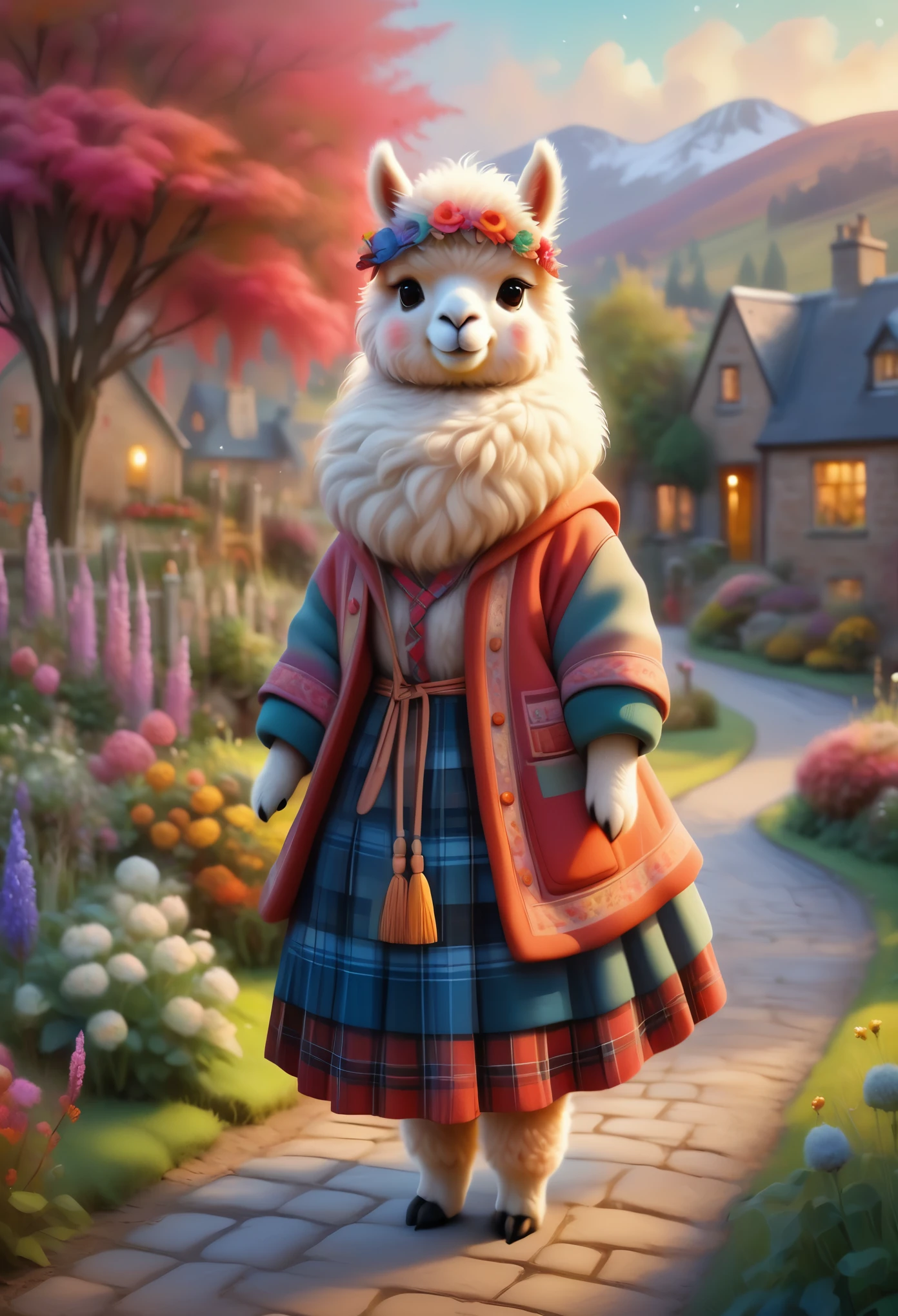 painting style, vibrant colors, dreamy atmosphere, layered composition, intricate details, cozy village background,(Cute alpaca，Dressed in Scottish clothing，Stylish
), soft texture, cozy atmosphere, peaceful garden backdrop, vibrant colors, warm lighting