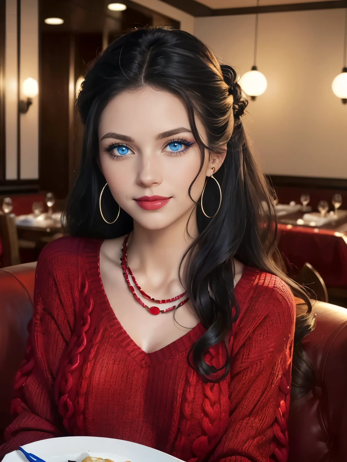 Caucasian woman; black hair, wavy hair, long hair, updo hair; blue eyes, lined eyes, ((highlight blue eyes)), shiny eyes; red lipstick, makeup, smile; athletic body, (medium breasts), nipples; ((red knitted sweater)), red sweater; earrings, necklace, bracelets; in elegant restaurant, sitting, front view.