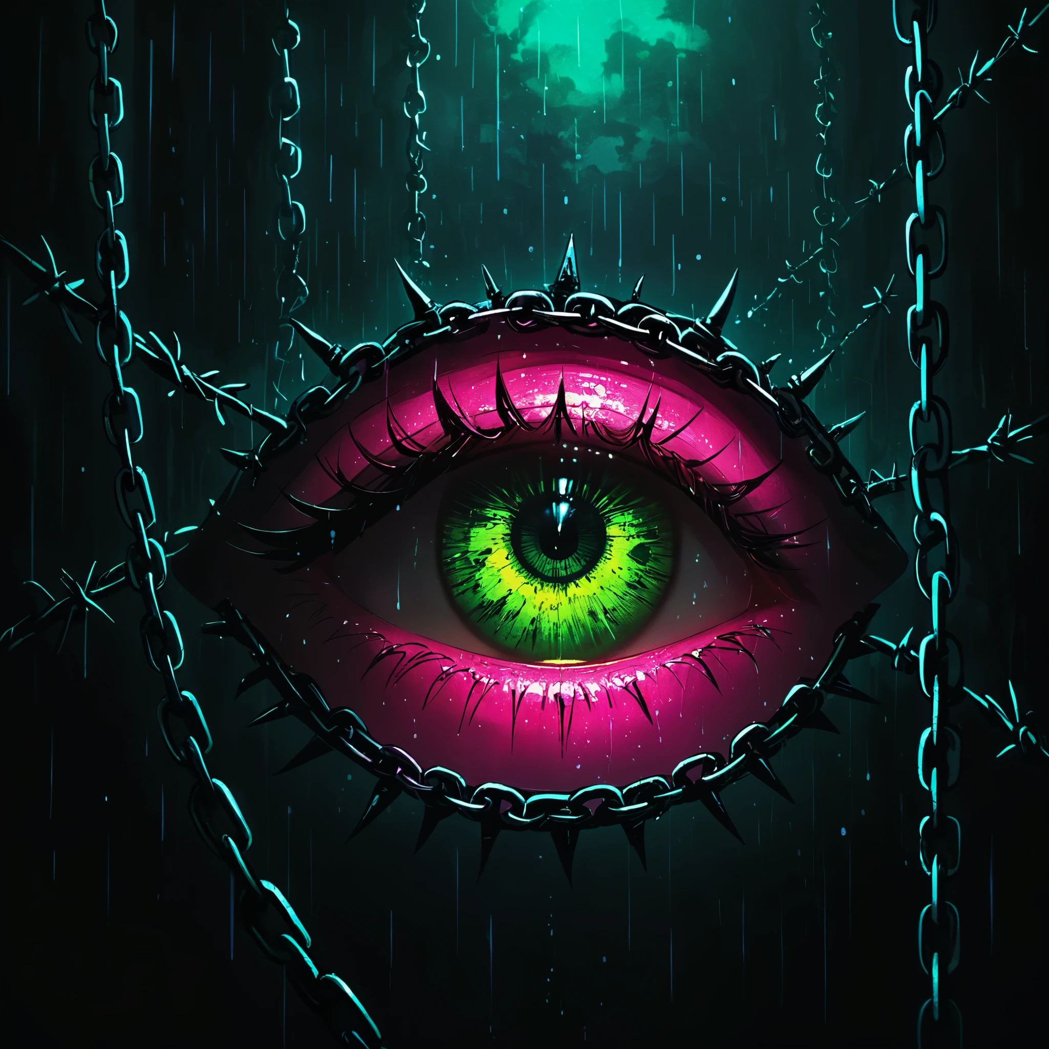 (Portrait of a mysterious giant eye),indoor,Fluorescent illumination,(((Darkness shrouded))),Wall background,black background,silhouette,shadow,extreme darkness,Minimalist graffiti style background,Fluorescent green ploy Skull pattern graffiti,Dark atmosphere,cowboy shot,1girl,Oversized black T-shirt,Medium Breast,Waistless T-shirt,(underboob),blurred background,Blurred foreground,Green fluorescent hair,Fluorescent green eyes,Hand raised and touching hair,long hair,Messy hair,Low rise denim shorts,Over-the-knee boots,pink eye shadow,Ruined eyeshadow,(Vanishing point,Depth of Field,Background blur),(Vines Covered Foreground:10),Grin,Open your mouth,Devil smiley,middle finger,Shark Teeth,Dark and Edgy、Surrealist elements、expressive brushstrokes、dynamic composition。\extreme detail description,chain,barbed wire,wooden stake,blooding moonlight,heavy rain,