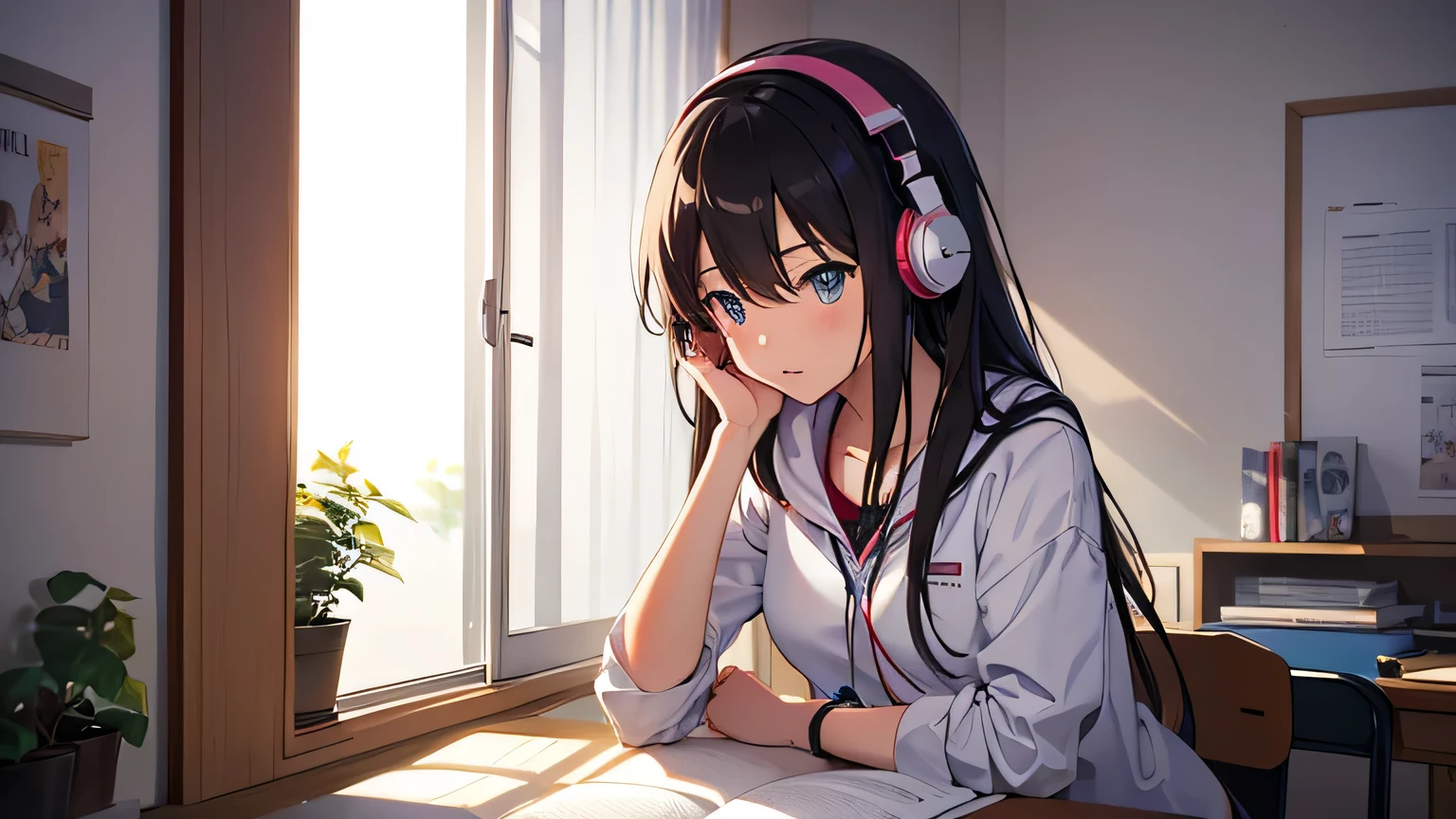 A girl studying in her room while listening to headphones warm lighting It's sunny outside the room Japanese anime style