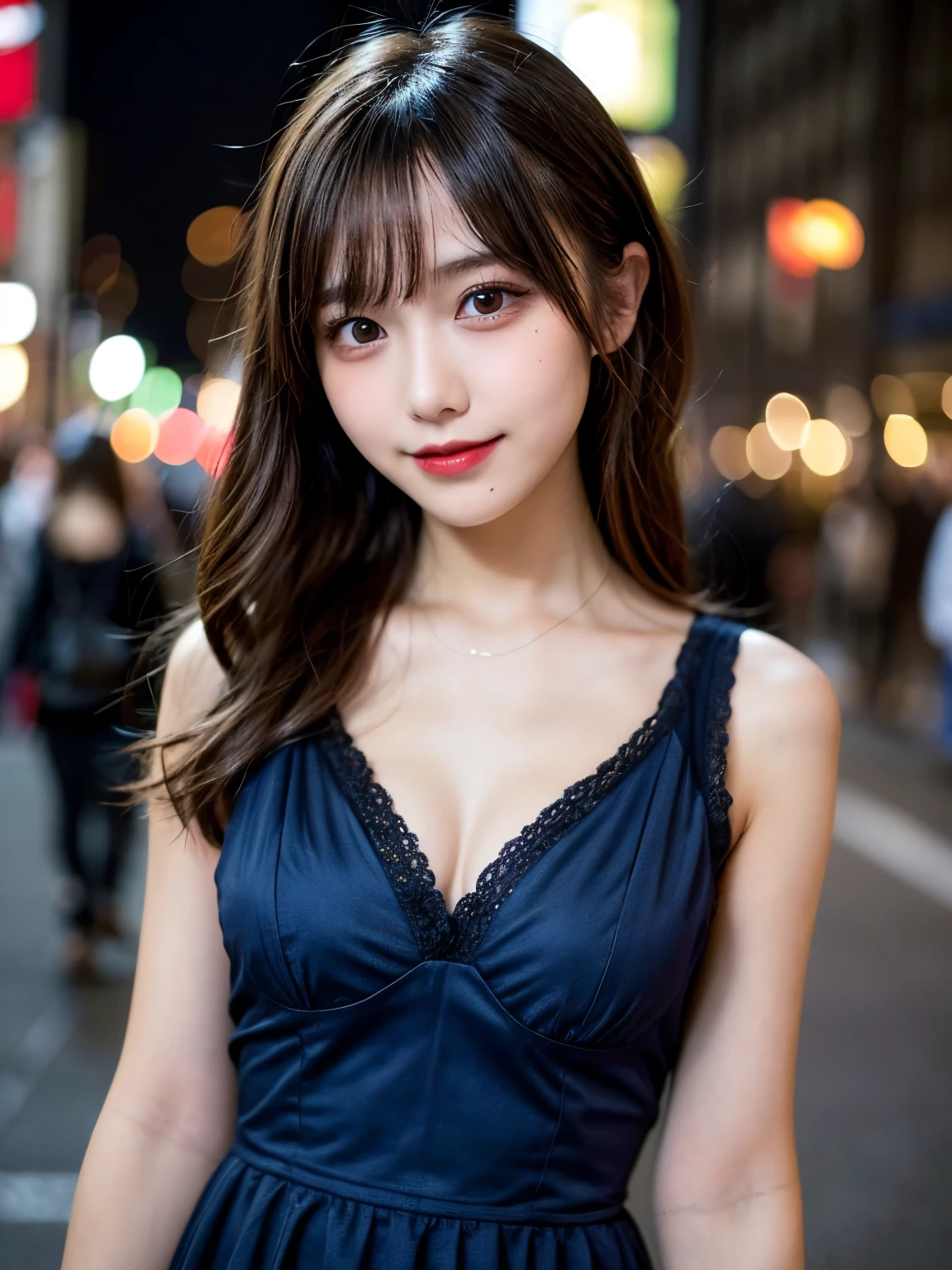 Tabletop, highest quality, shape, Very detailed, finely, High resolution, 8k wallpaper, 完璧なダイナミックな構shape, finelyて美しい目, Wearing a navy blue dress,Medium Hair,Natural color lip, smile,Harajuku、age Girl、cute、Looking at the camera、C Cup、brown hair、Blurred night new york background