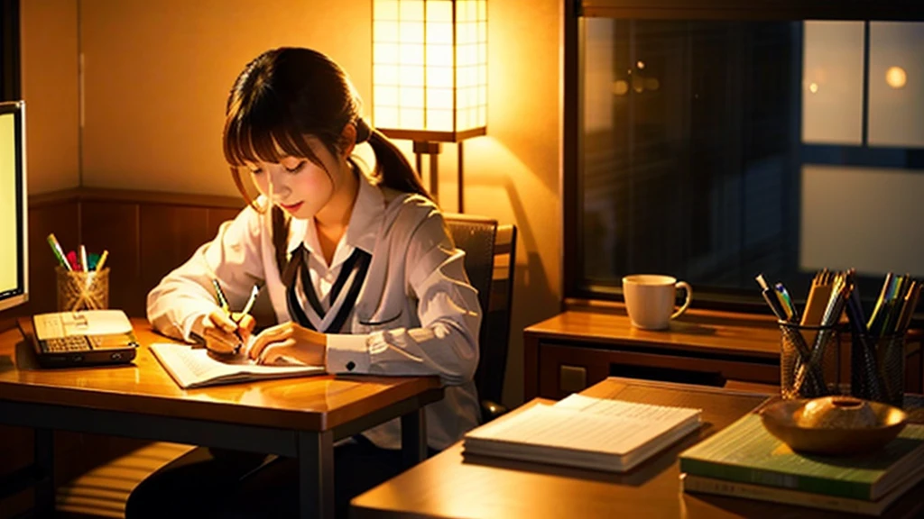 A dimly lit room with anime-style sunset light gently shining into the room.。Outside, a beautiful orange and pink sunset spreads out.、The sun is sinking below the horizon。Soft light coming in from the window、It lights up the room warmly。A woman sits at a wooden desk by the window、Studying quietly。She has her brown hair tied up in a ponytail、Wear glasses。It has large eyes and a delicate expression.、She is holding a pen and writing something in a notebook。On the desk are open textbooks and notebooks.、There is an unlit stand lamp in the corner of the desk.。There is a small potted plant on the windowsill.、The light of the sunset outside illuminates it.。There are several anime posters on the walls of the room.、There is a small bookshelf in the corner.、Manga and textbooks are lined up in an orderly fashion。The woman&#39;s expression is focused.、The whole room has a calm and peaceful atmosphere.。」Makoto Shinkai style