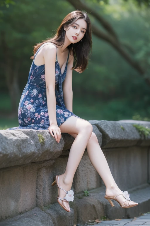 An extremely delicate and beautiful girl((top quality、8k、masterpiece:1.3))The skin is very white,Moisturized red lips and flawless skin,Fair and shiny skin,cold white skin.((blur background)),Young long-haired girl sitting on stone wall((8K、original photo、best quality、大師masterpiece:1.2 .draw it anatomically faithfully、Very detailed and beautiful、super high quality)), Photos of beautiful female models, beautiful slender legs, Very beautiful slender long legs, Casual pose, Beautiful girl model, beautiful slender legs, Beautiful model girl, charming pose, lovely young woman, Shot with SONY DSLR-A900 85MM F2, Wearing a blue floral dress.