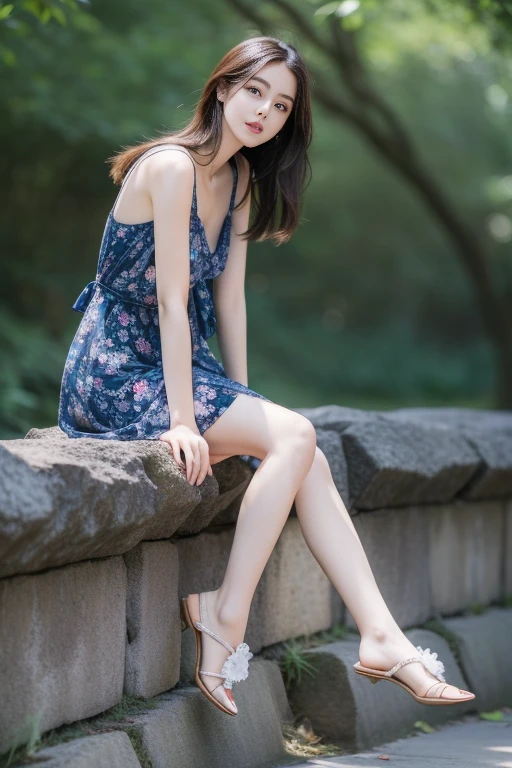 An extremely delicate and beautiful girl((top quality、8k、masterpiece:1.3))The skin is very white，Moisturized red lips and flawless skin，Fair and shiny skin，cold white skin.((blur background))，Young long-haired girl sitting on stone wall((8K、original photo、best quality、大師masterpiece:1.2 .draw it anatomically faithfully、Very detailed and beautiful、super high quality)), Photos of beautiful female models, beautiful slender legs, Very beautiful slender long legs, Casual pose, Beautiful girl model, beautiful slender legs, Beautiful model girl, charming pose, lovely young woman, Shot with SONY DSLR-A900 85MM F2, Wearing a blue floral dress.