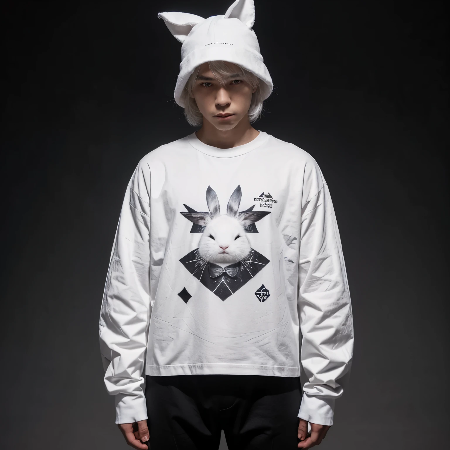 His skin color is white, he has white hair with a white rabbit hat. I want a shirt that has long black sleeves and a gray chest with a star in the middle. He has gray pants with y2k drawings.