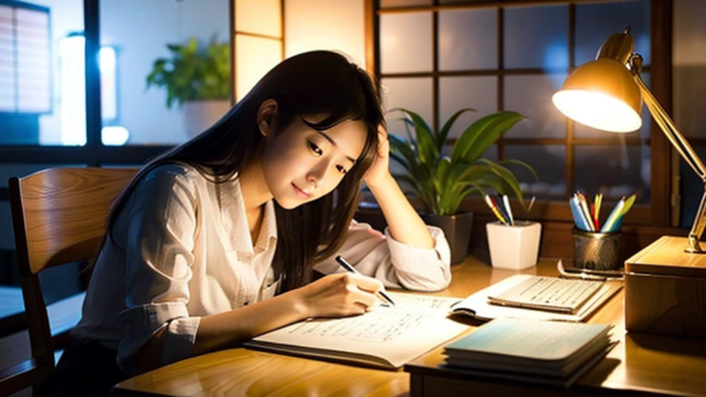 A cute Japanese girl studying or working at her desk、relax、night、Real、focusing、Gentle feeling