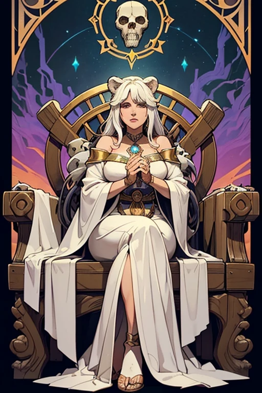 Tarot cards, High Priestess, the (Bear eared Goddess), Long white robe, art, Alphonse Mucha, Sit in a full-body chair, skulls polished smooth. Formidable Might, This domain reflects the bear's raw power and ferocity. Spells from this domain bolster strength, resilience, and the ability to inflict crushing physical damage