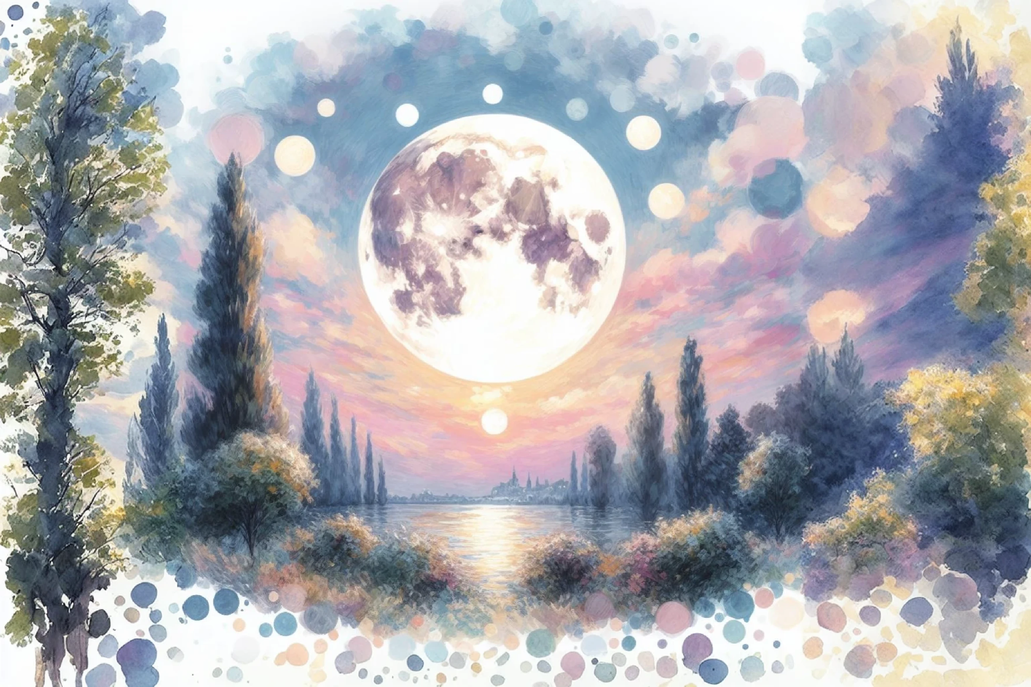 big full moon over the river. at noon. art. painting. beautiful watercolor. Monet style. Pastel color tone.