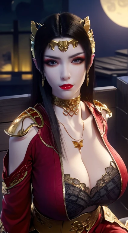 1 extremely beautiful queen, ((wearing traditional red hanfu with thin black patterns:1.6)), (((Patterns on clothes:1.6))), ((long black hair:1.6 )), elaborately crafted jewelry from precious stones and beautiful hair, (((wearing a 24k gold lace necklace:1.4))), noble, noble style of an extremely beautiful girl, Super cute little face, very pretty face, thin eyebrows, flawless beautiful face, ((black eye pupils: 0.8)), very beautiful eyes, ((platinum blue eyes: 1 ,6)), (((wide eyes: 1.6))), beautiful and detailed makeup, wet eye makeup eyelashes, high nose, earrings, red lips, ((closed mouth: 1.5) ) beautiful lips, slim arms, most beautiful thighs, ((arms behind and spread out to the sides: 1.5)), ((bent sitting position with chest out toward the audience and arms behind: 1.6) ), rosy face, clean face, flawless beautiful face, smooth white skin, (( super big and round firm breasts: 1.8)), firm breasts, beautiful cleavage, beautiful breasts, body perfect and proportioned, back arms, open chest, black sheer stockings with black lace trim, 8k photo, super high quality, hyper realistic, super 10 x pixel, optical, bright studio, bright edges, lighting two-tone, (high detail skin: 1.2), ultra 8k, soft light, high quality, volumetric light, optical, optical high resolution, light, best shot, quality 4k, 8k, smooth sharpness, 10 x pixels, ((sea and moonlight at night background: 1.5)), surreal graphics, most realistic graphics, 1 girl, alone, solo, extreme visuals sharp, surreal, (((frontal portrait: 1)))."