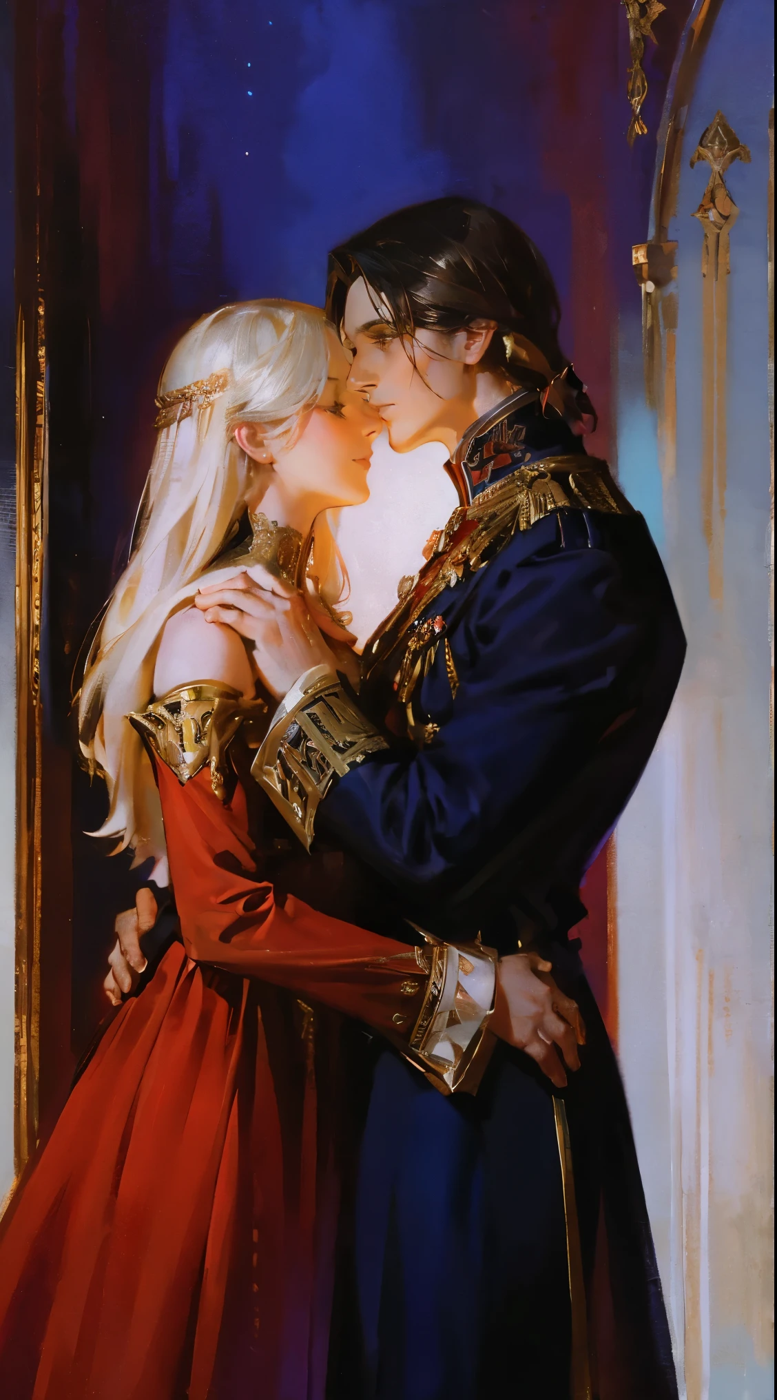 fantasy, red, black and blue tones, a man and a woman hug each other, a man looks like Christian Bale, in a royal uniform of the 19th century, a woman looks like Daenerys, in a royal dress of the 19th century, hd