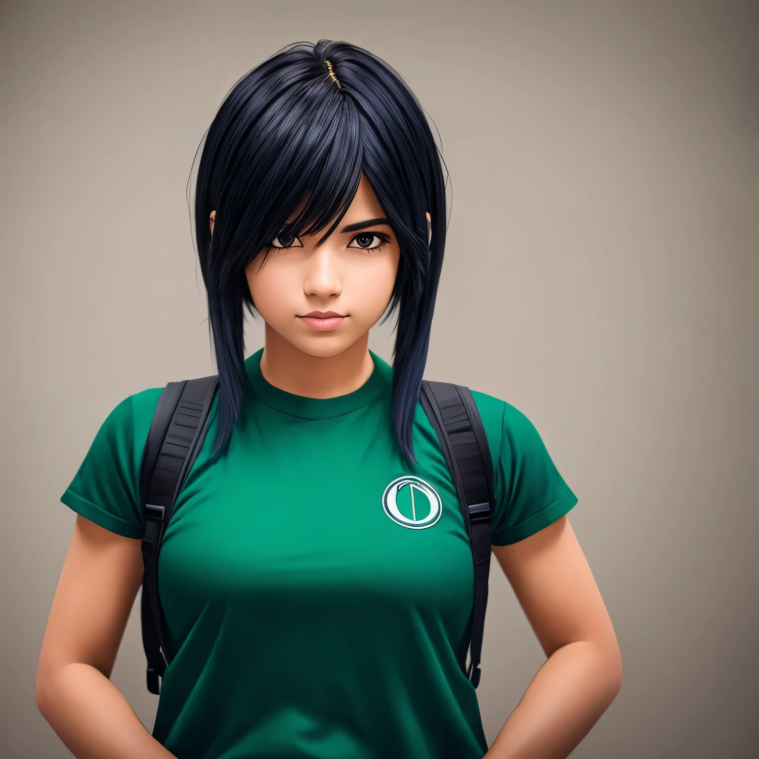 Chica con uniforme de bnh :Cabello corto con fleco color negro y ojos verdes 