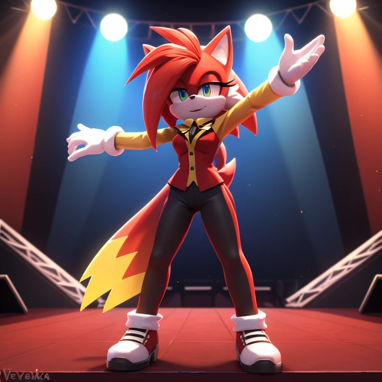 Mobian Verosika Mayday in front of stage background. Solo, 4k.
